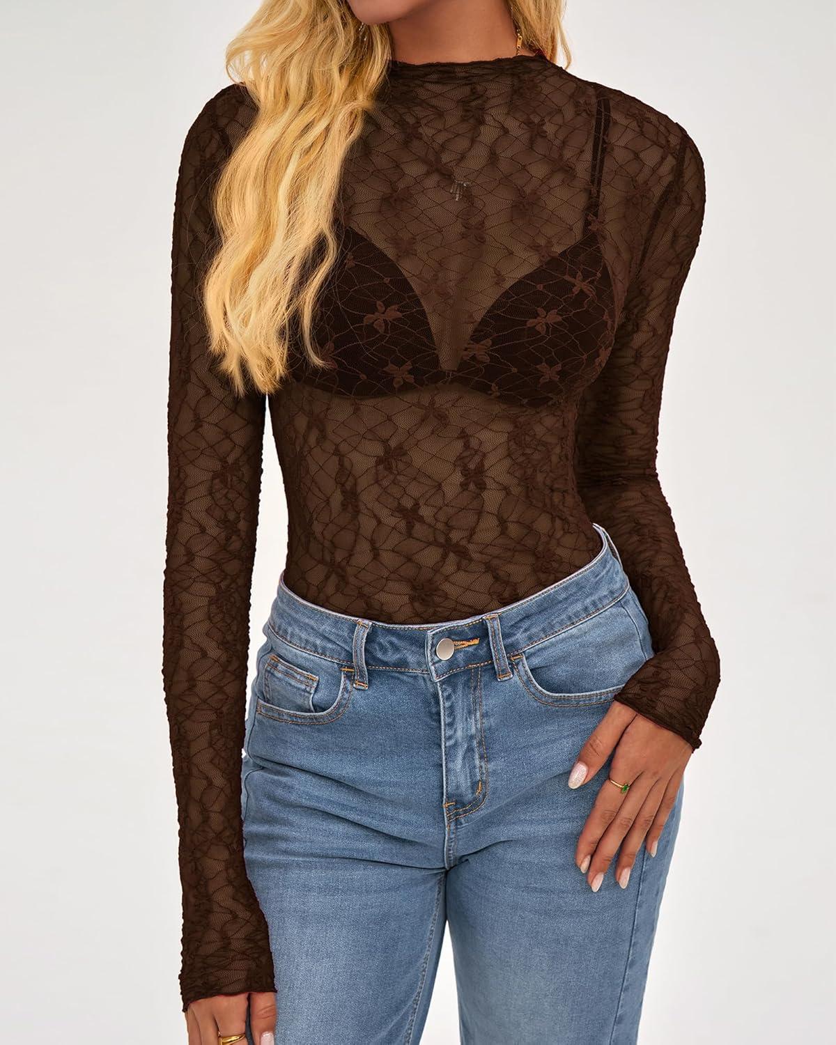 imageBTFBM Lace Tops for Women 2025 See Through Mesh Top Crew Neck Long Sleeve Fitted Sheer Party Club Outfits Fall FashionBrown