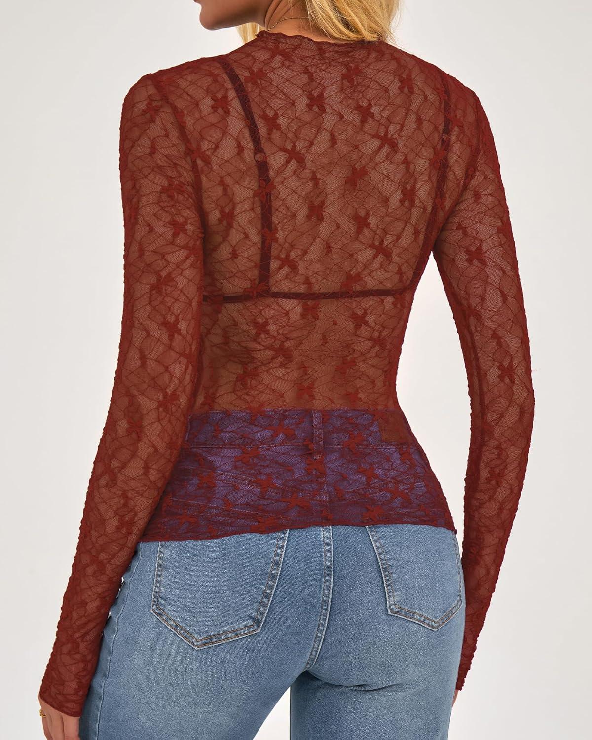 imageBTFBM Lace Tops for Women 2025 See Through Mesh Top Crew Neck Long Sleeve Fitted Sheer Party Club Outfits Fall FashionBurnt Orange