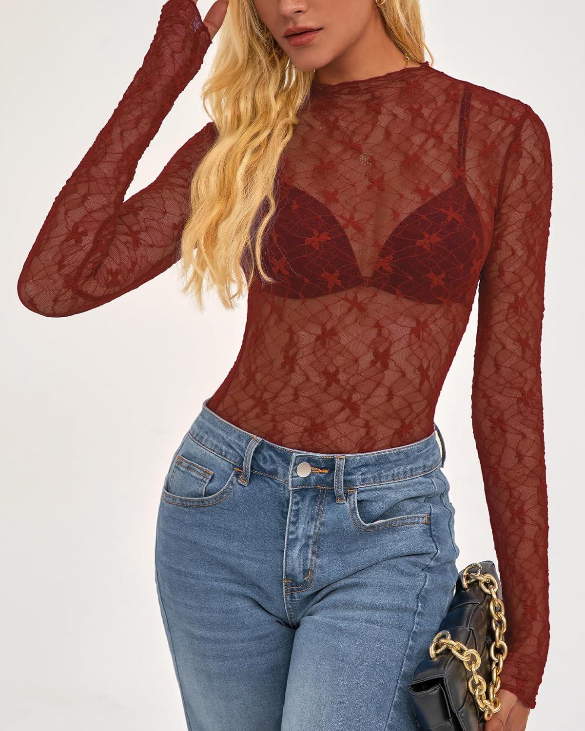 imageBTFBM Lace Tops for Women 2025 See Through Mesh Top Crew Neck Long Sleeve Fitted Sheer Party Club Outfits Fall FashionBurnt Orange