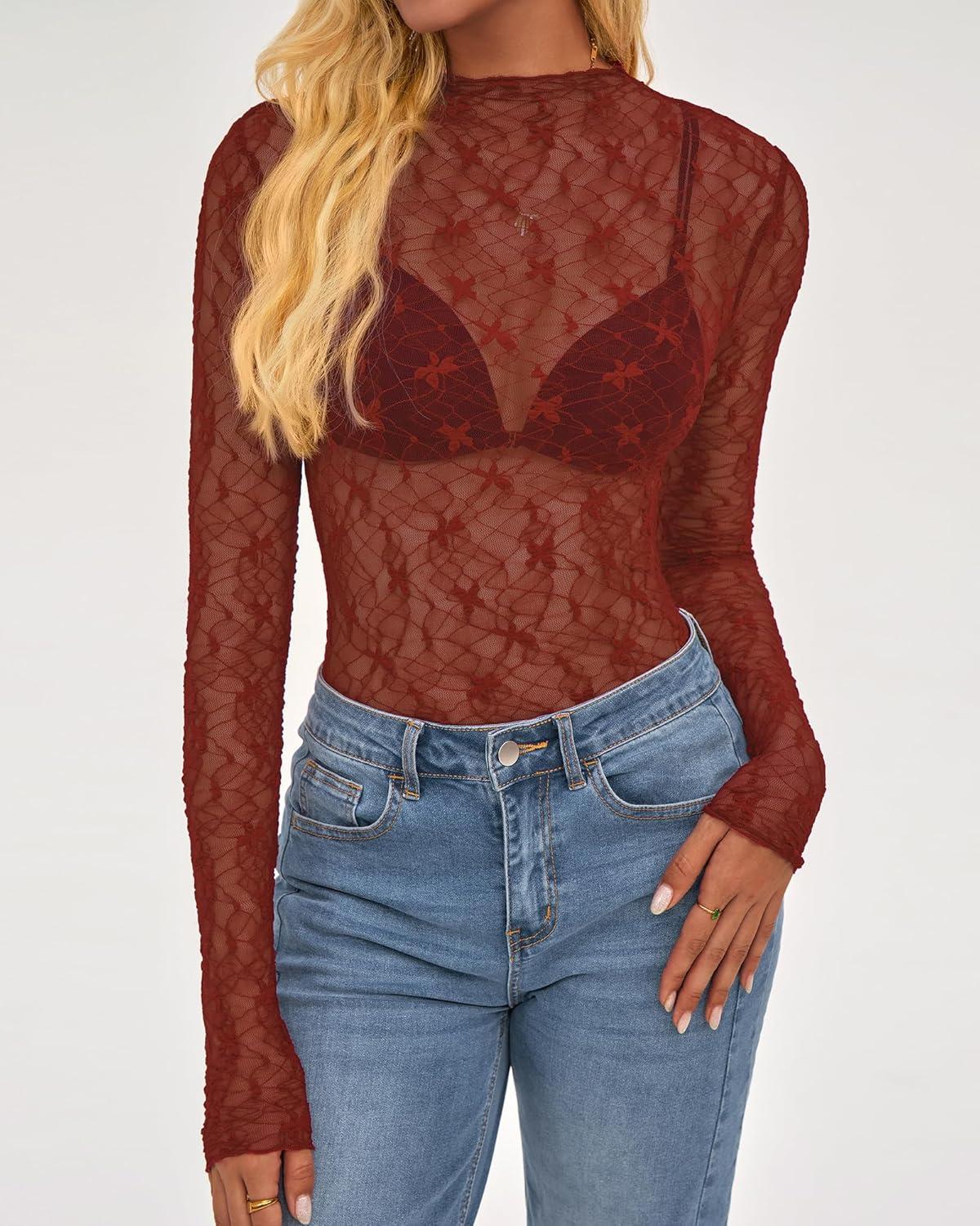 imageBTFBM Lace Tops for Women 2025 See Through Mesh Top Crew Neck Long Sleeve Fitted Sheer Party Club Outfits Fall FashionBurnt Orange
