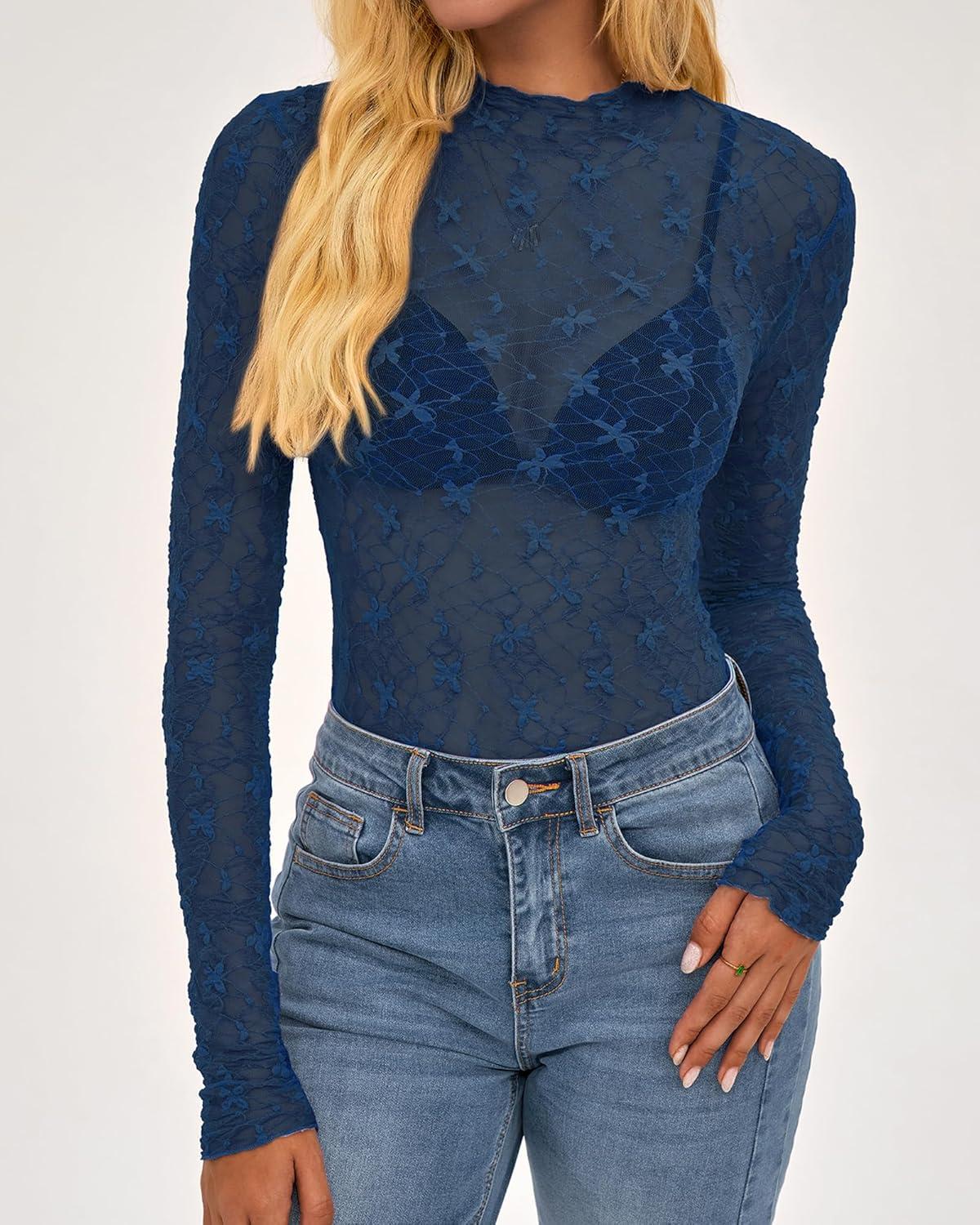 imageBTFBM Lace Tops for Women 2025 See Through Mesh Top Crew Neck Long Sleeve Fitted Sheer Party Club Outfits Fall FashionDark Blue