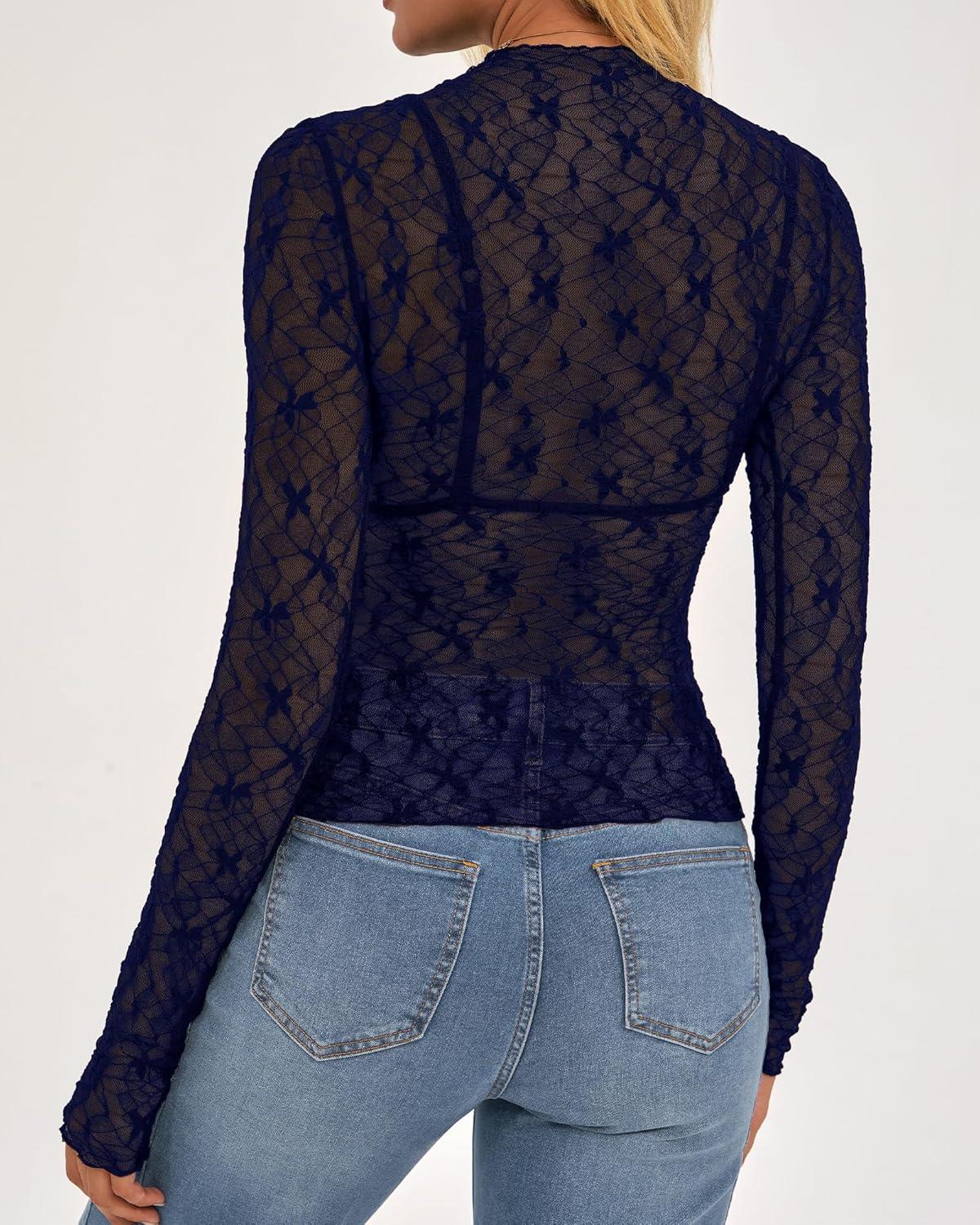 imageBTFBM Lace Tops for Women 2025 See Through Mesh Top Crew Neck Long Sleeve Fitted Sheer Party Club Outfits Fall FashionNavy Blue