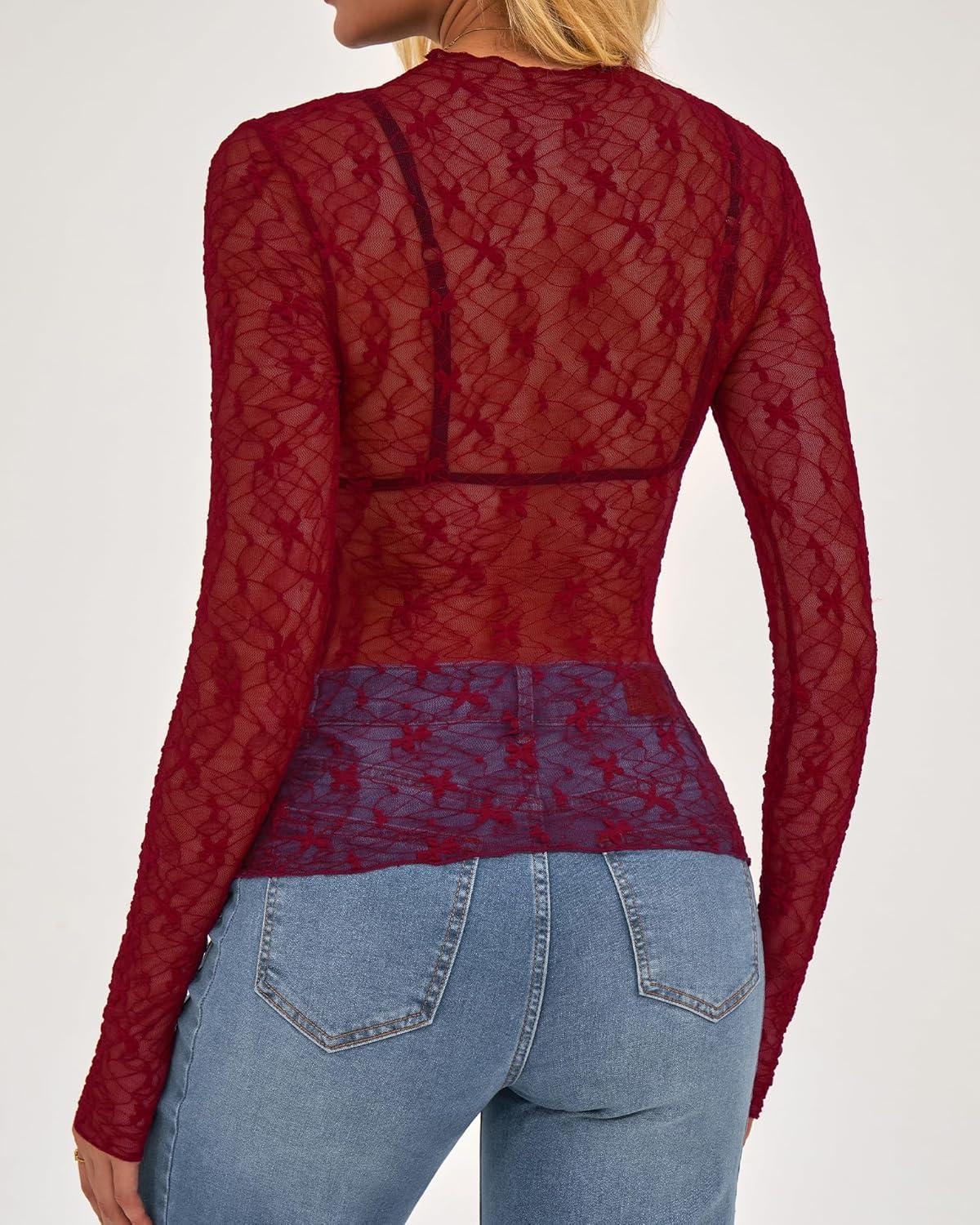 imageBTFBM Lace Tops for Women 2025 See Through Mesh Top Crew Neck Long Sleeve Fitted Sheer Party Club Outfits Fall FashionRed