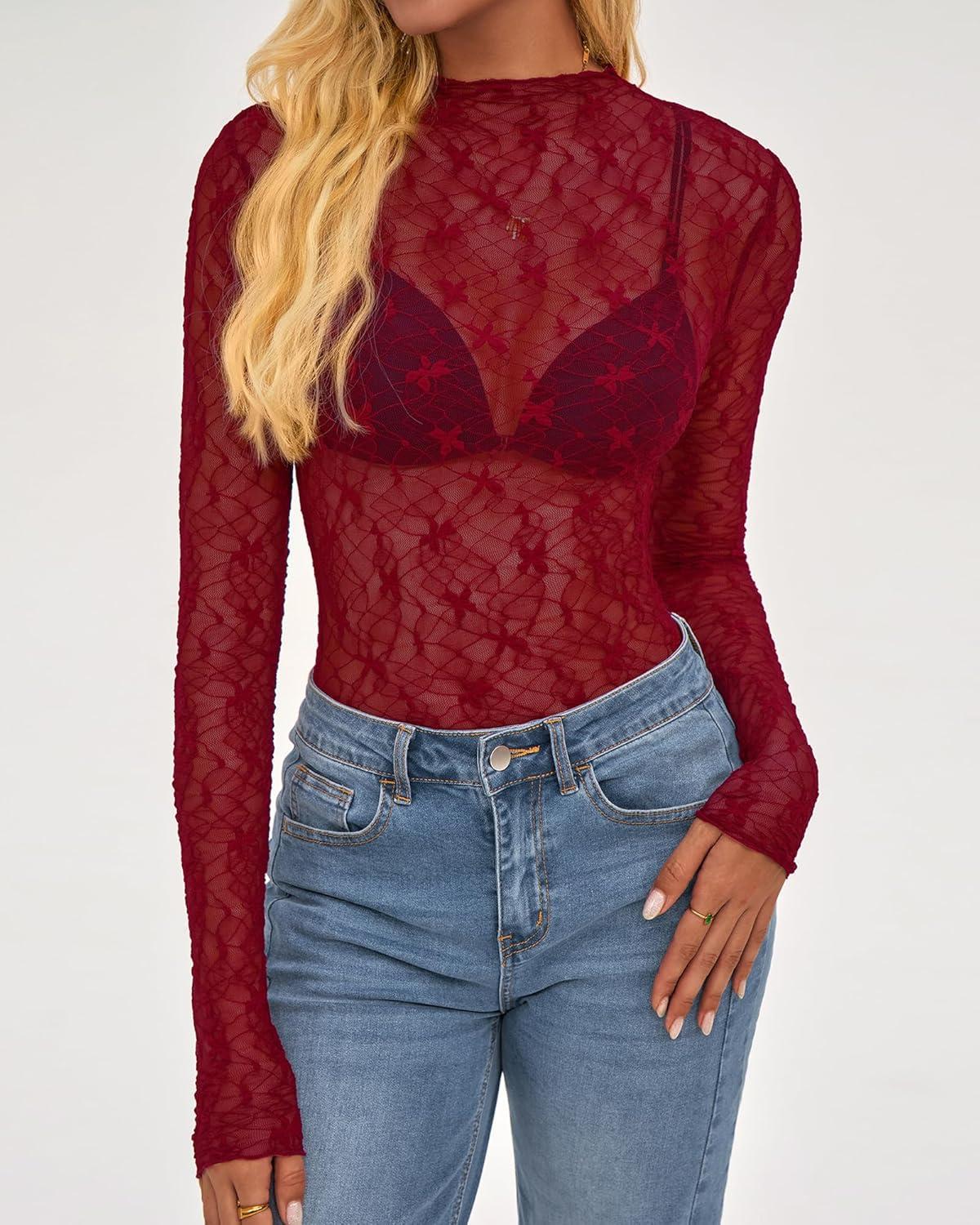 imageBTFBM Lace Tops for Women 2025 See Through Mesh Top Crew Neck Long Sleeve Fitted Sheer Party Club Outfits Fall FashionRed