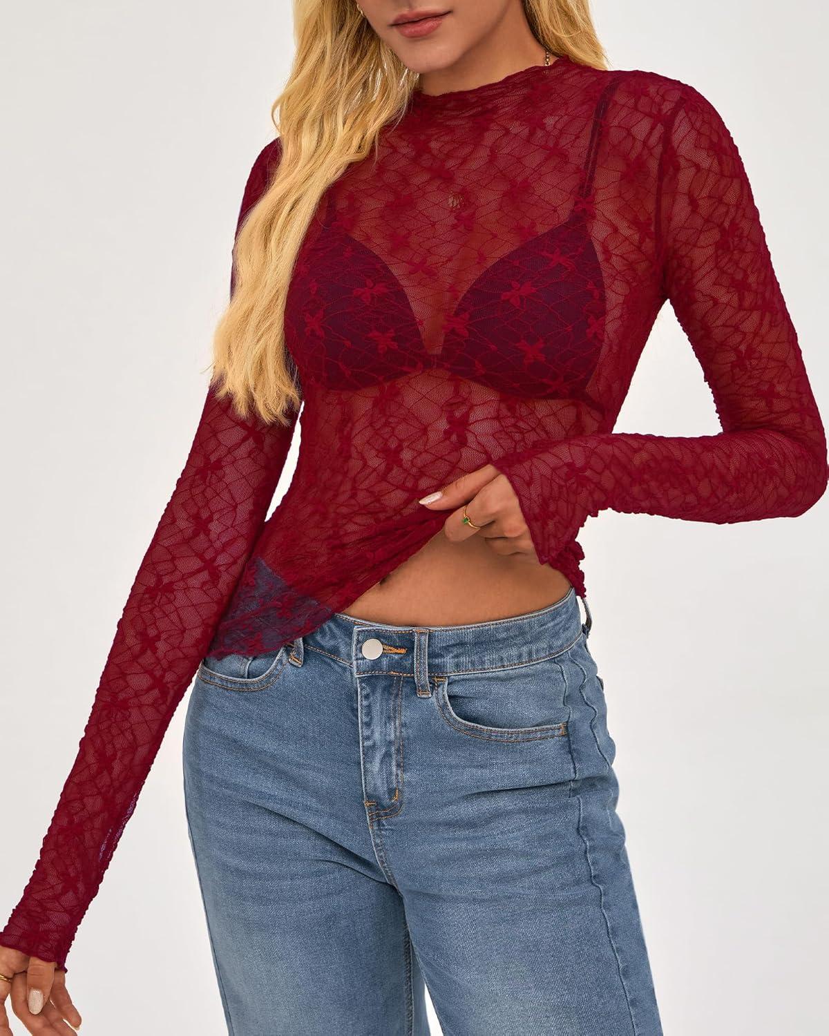 imageBTFBM Lace Tops for Women 2025 See Through Mesh Top Crew Neck Long Sleeve Fitted Sheer Party Club Outfits Fall FashionRed