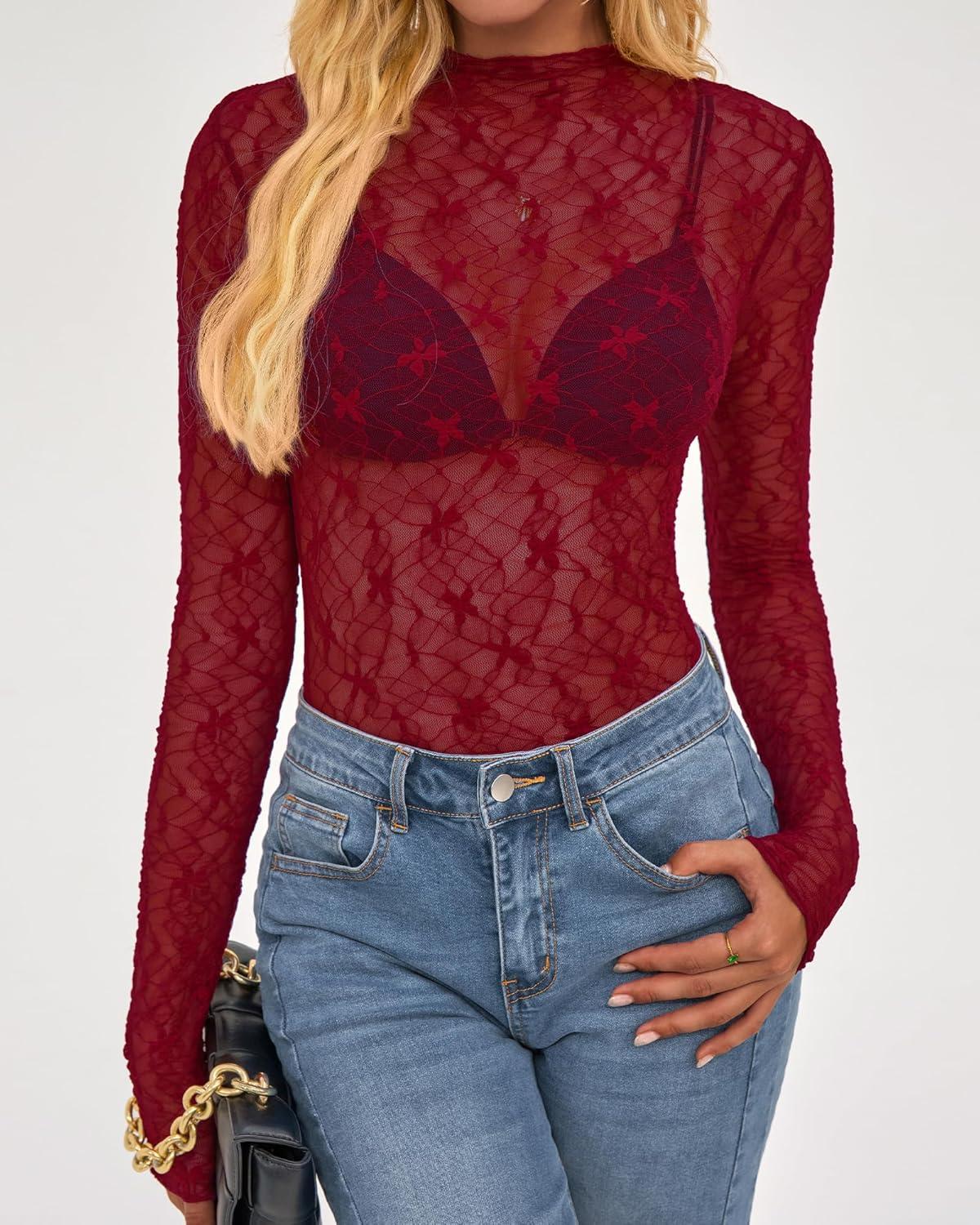 imageBTFBM Lace Tops for Women 2025 See Through Mesh Top Crew Neck Long Sleeve Fitted Sheer Party Club Outfits Fall FashionRed