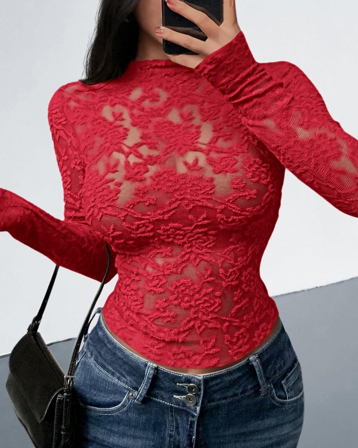 imageBTFBM Mesh Long Sleeve Tops for Women Lace Sexy Sheer See Through Crew Neck Tight Shirt Fall 2025 Party Club OutfitsRed
