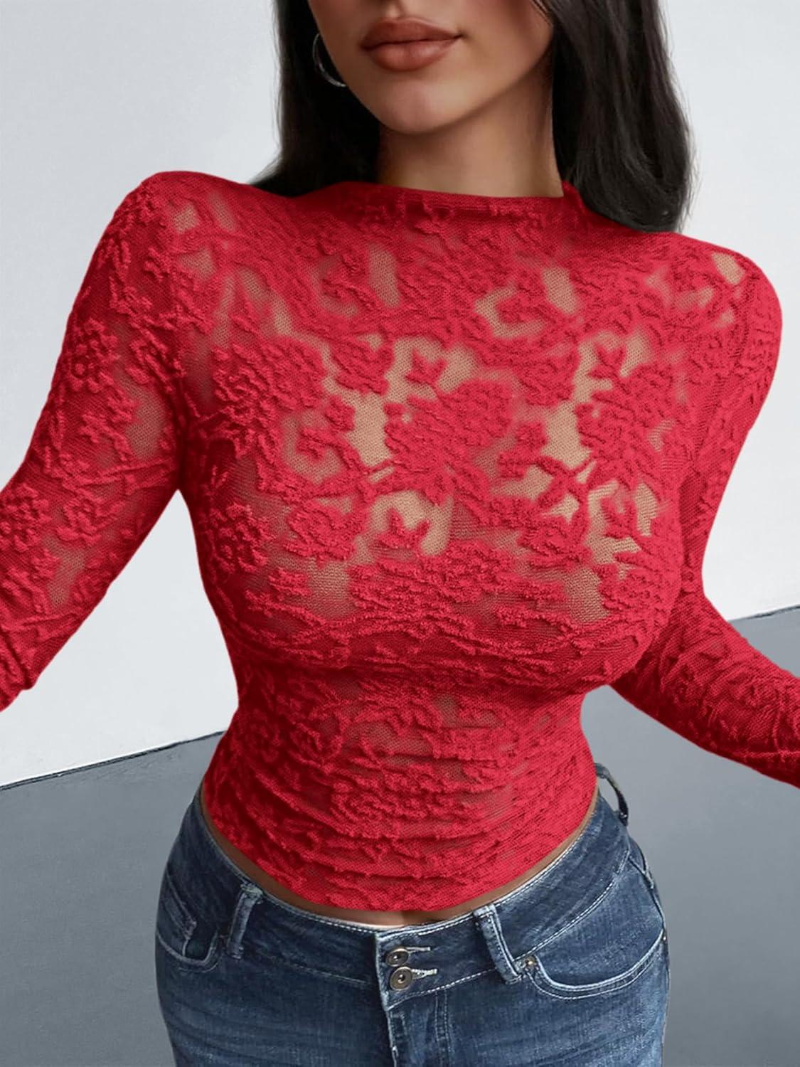 imageBTFBM Mesh Long Sleeve Tops for Women Lace Sexy Sheer See Through Crew Neck Tight Shirt Fall 2025 Party Club OutfitsRed