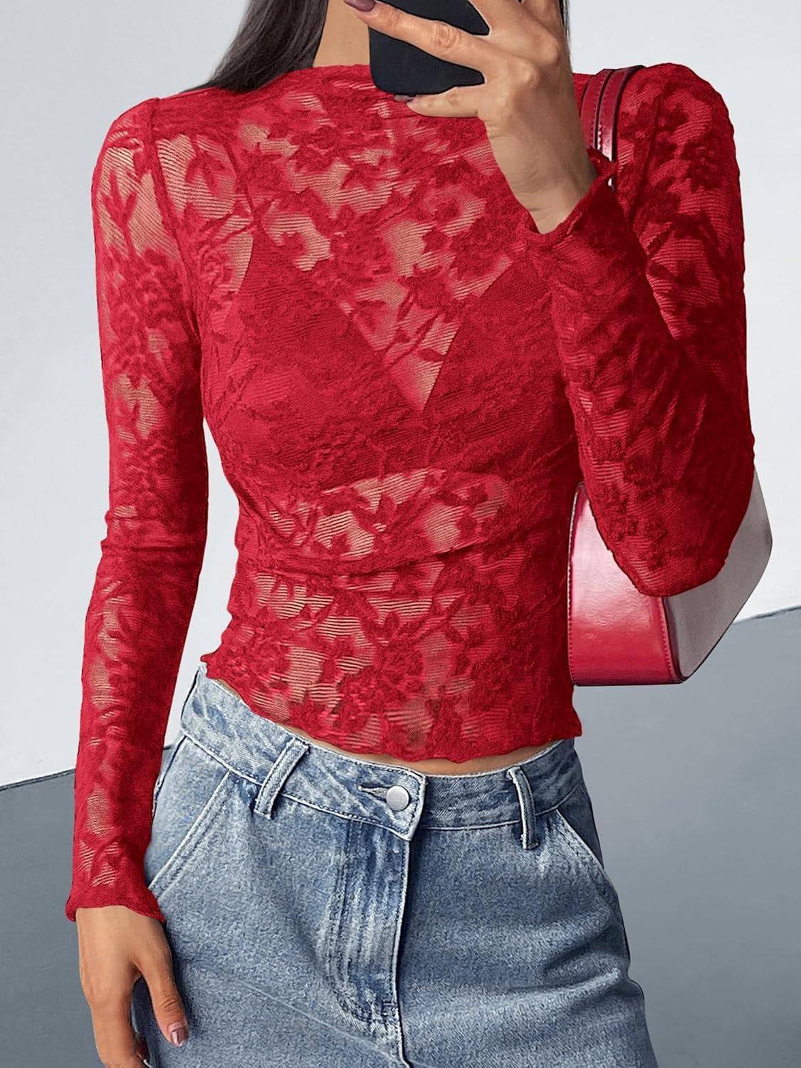 imageBTFBM Mesh Long Sleeve Tops for Women Lace Sexy Sheer See Through Crew Neck Tight Shirt Fall 2025 Party Club OutfitsRed