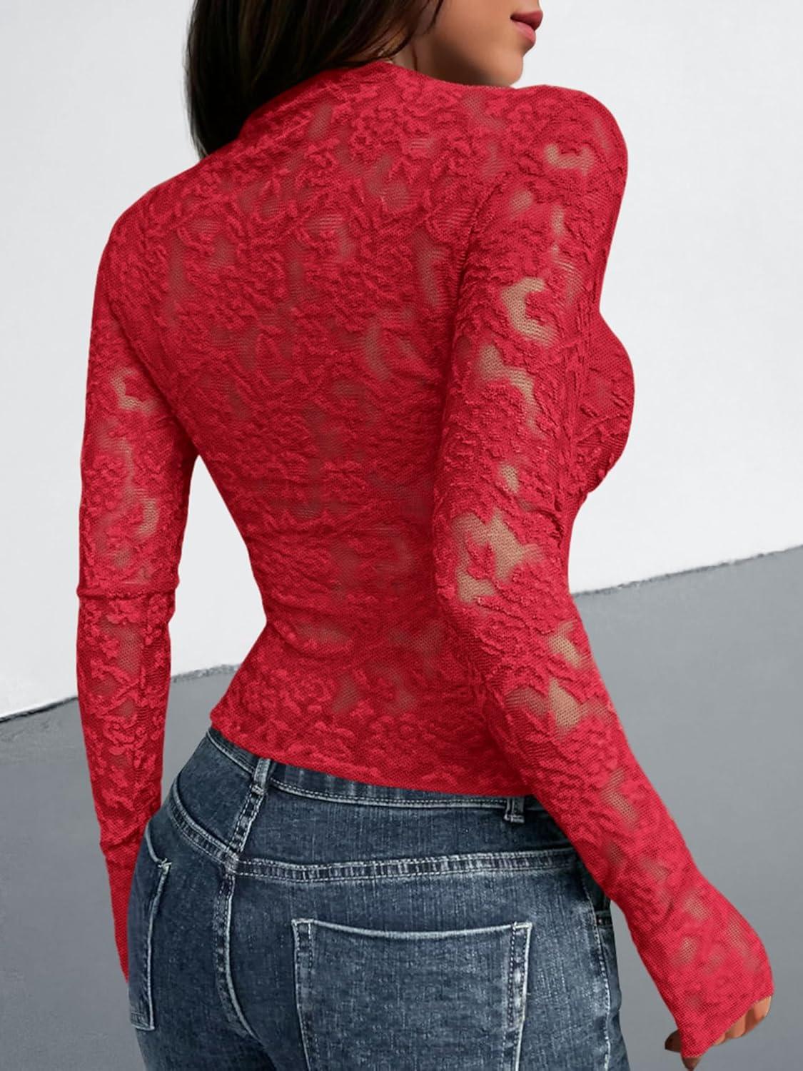 imageBTFBM Mesh Long Sleeve Tops for Women Lace Sexy Sheer See Through Crew Neck Tight Shirt Fall 2025 Party Club OutfitsRed