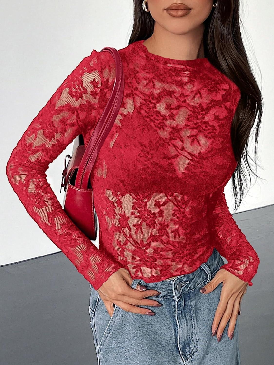 imageBTFBM Mesh Long Sleeve Tops for Women Lace Sexy Sheer See Through Crew Neck Tight Shirt Fall 2025 Party Club OutfitsRed