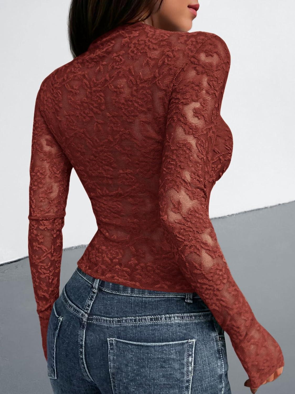 imageBTFBM Mesh Long Sleeve Tops for Women Lace Sexy Sheer See Through Crew Neck Tight Shirt Fall 2025 Party Club OutfitsRed Brown