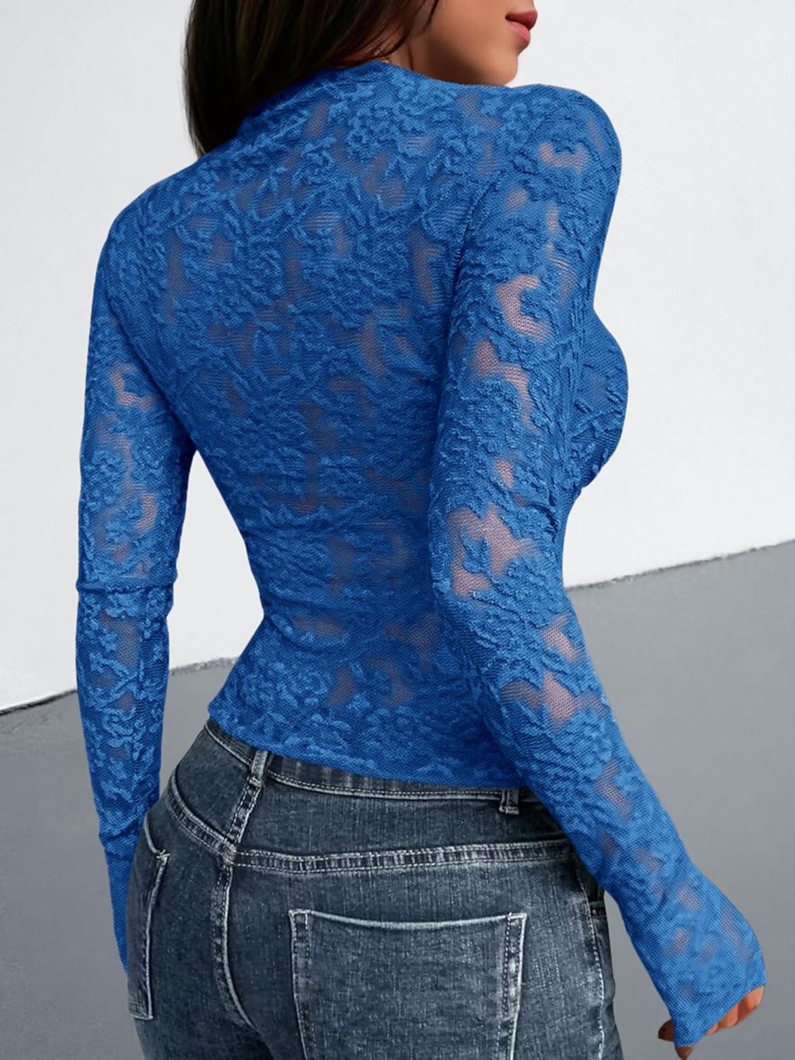 imageBTFBM Mesh Long Sleeve Tops for Women Lace Sexy Sheer See Through Crew Neck Tight Shirt Fall 2025 Party Club OutfitsRoyal Blue