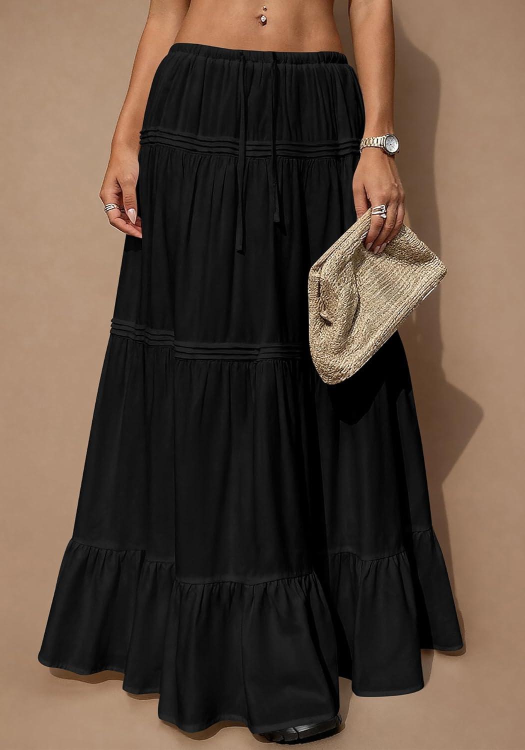 imageBTFBM Skirts for Women 2026 Summer Boho Beach Vacation Clothes Casual Pleated High Waisted Flowy Maxi SkirtBlack