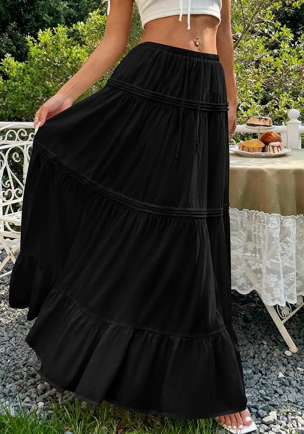 imageBTFBM Skirts for Women 2026 Summer Boho Beach Vacation Clothes Casual Pleated High Waisted Flowy Maxi SkirtBlack