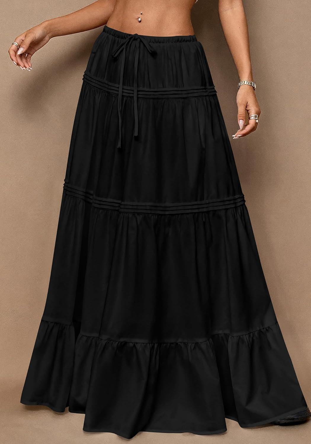 imageBTFBM Skirts for Women 2026 Summer Boho Beach Vacation Clothes Casual Pleated High Waisted Flowy Maxi SkirtBlack