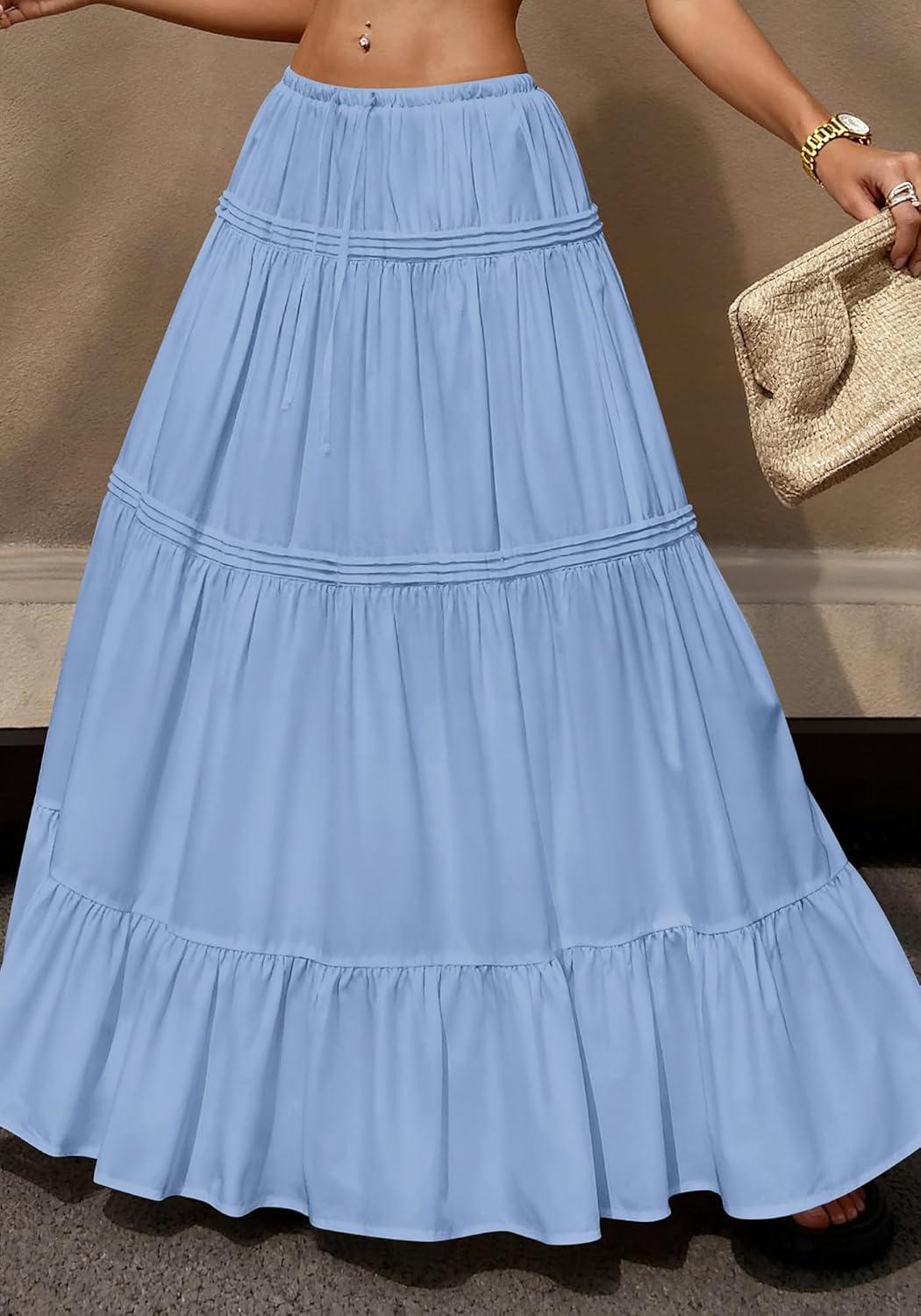 imageBTFBM Skirts for Women 2026 Summer Boho Beach Vacation Clothes Casual Pleated High Waisted Flowy Maxi SkirtBlue