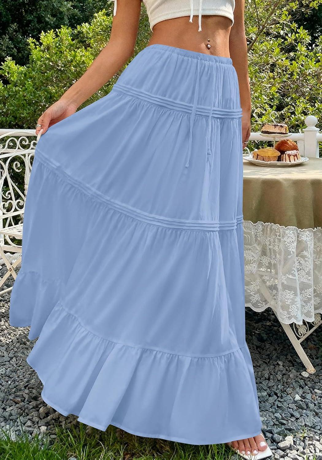 imageBTFBM Skirts for Women 2026 Summer Boho Beach Vacation Clothes Casual Pleated High Waisted Flowy Maxi SkirtBlue