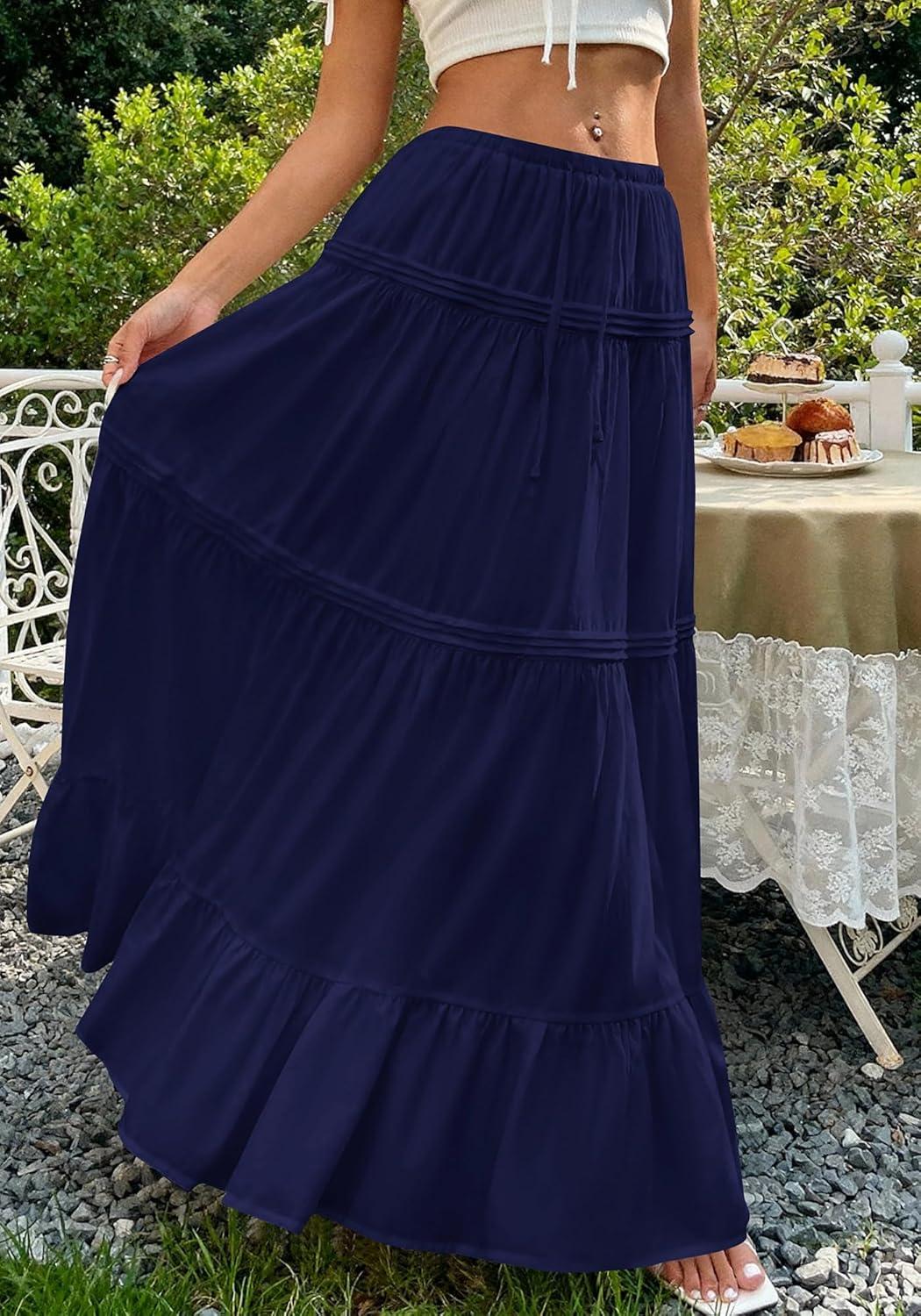 imageBTFBM Skirts for Women 2026 Summer Boho Beach Vacation Clothes Casual Pleated High Waisted Flowy Maxi SkirtNavy Blue