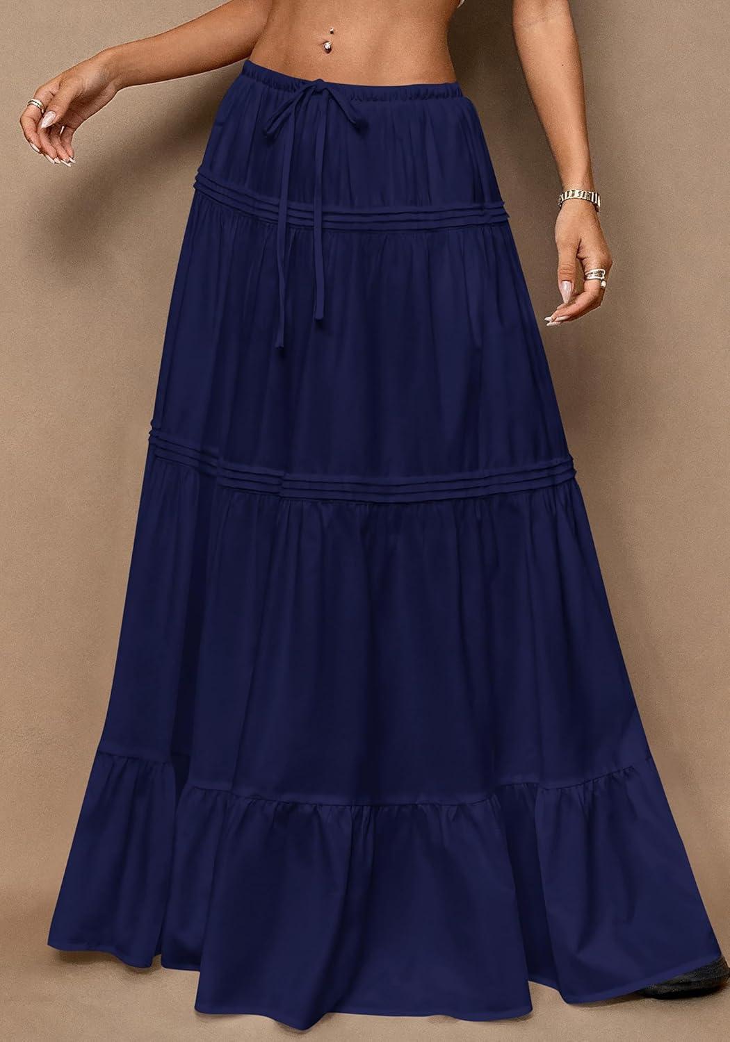 imageBTFBM Skirts for Women 2026 Summer Boho Beach Vacation Clothes Casual Pleated High Waisted Flowy Maxi SkirtNavy Blue