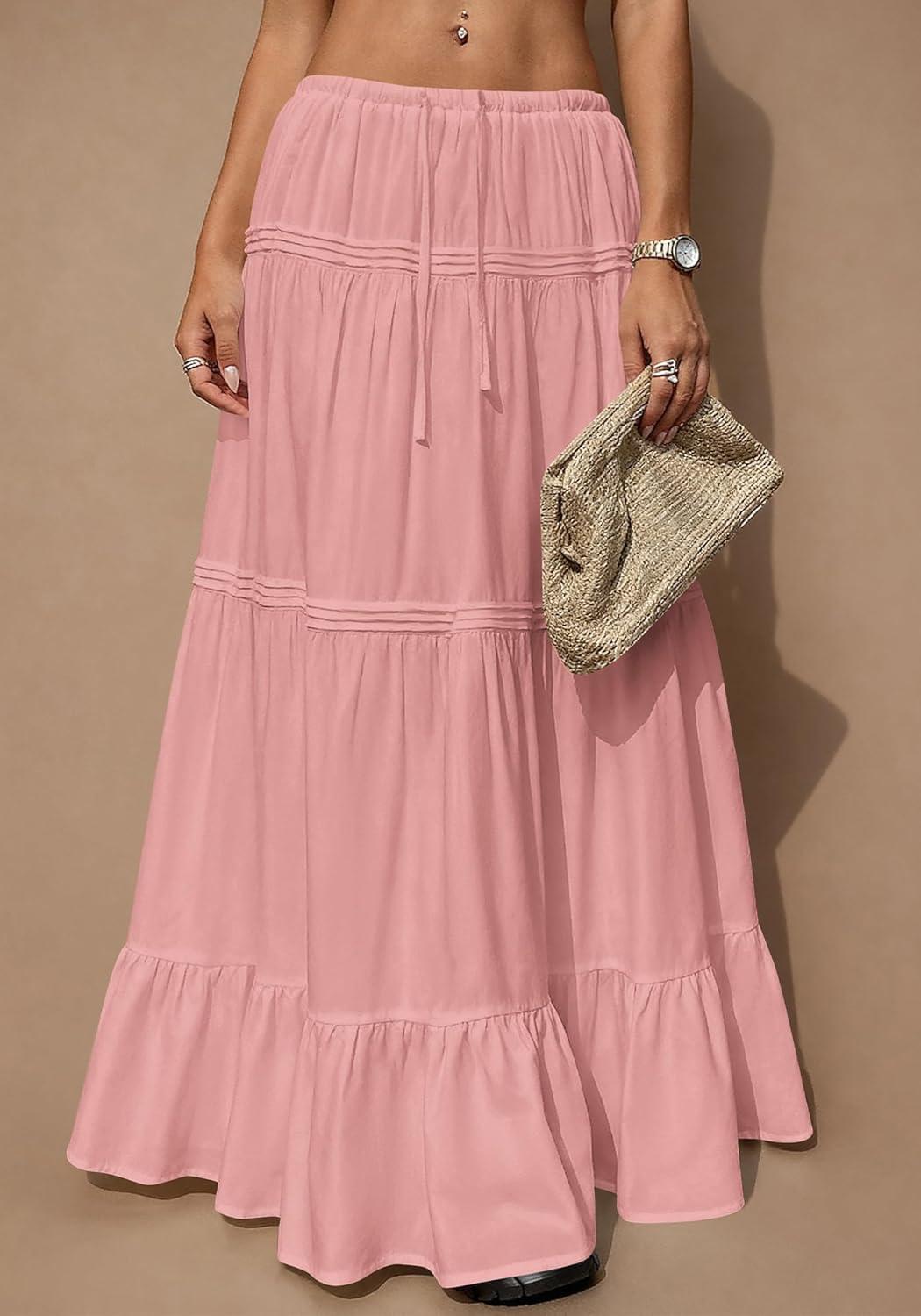 imageBTFBM Skirts for Women 2026 Summer Boho Beach Vacation Clothes Casual Pleated High Waisted Flowy Maxi SkirtPink