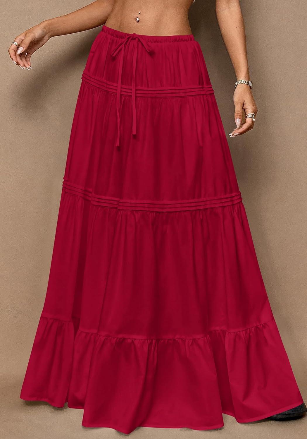 imageBTFBM Skirts for Women 2026 Summer Boho Beach Vacation Clothes Casual Pleated High Waisted Flowy Maxi SkirtRed