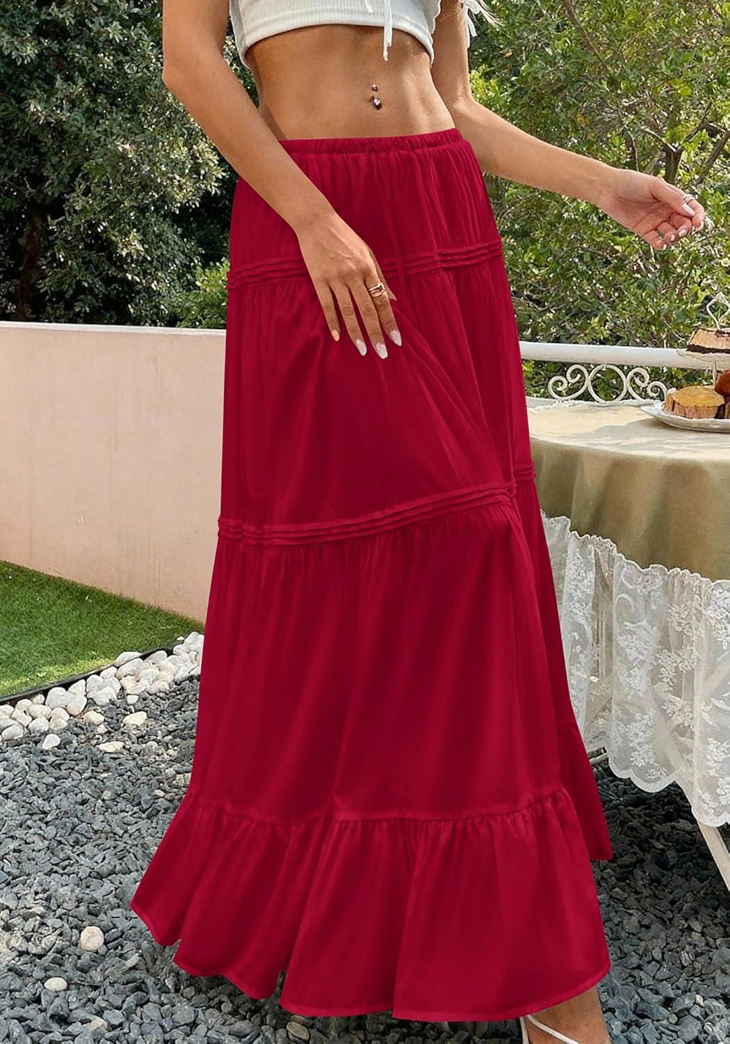 imageBTFBM Skirts for Women 2026 Summer Boho Beach Vacation Clothes Casual Pleated High Waisted Flowy Maxi SkirtRed