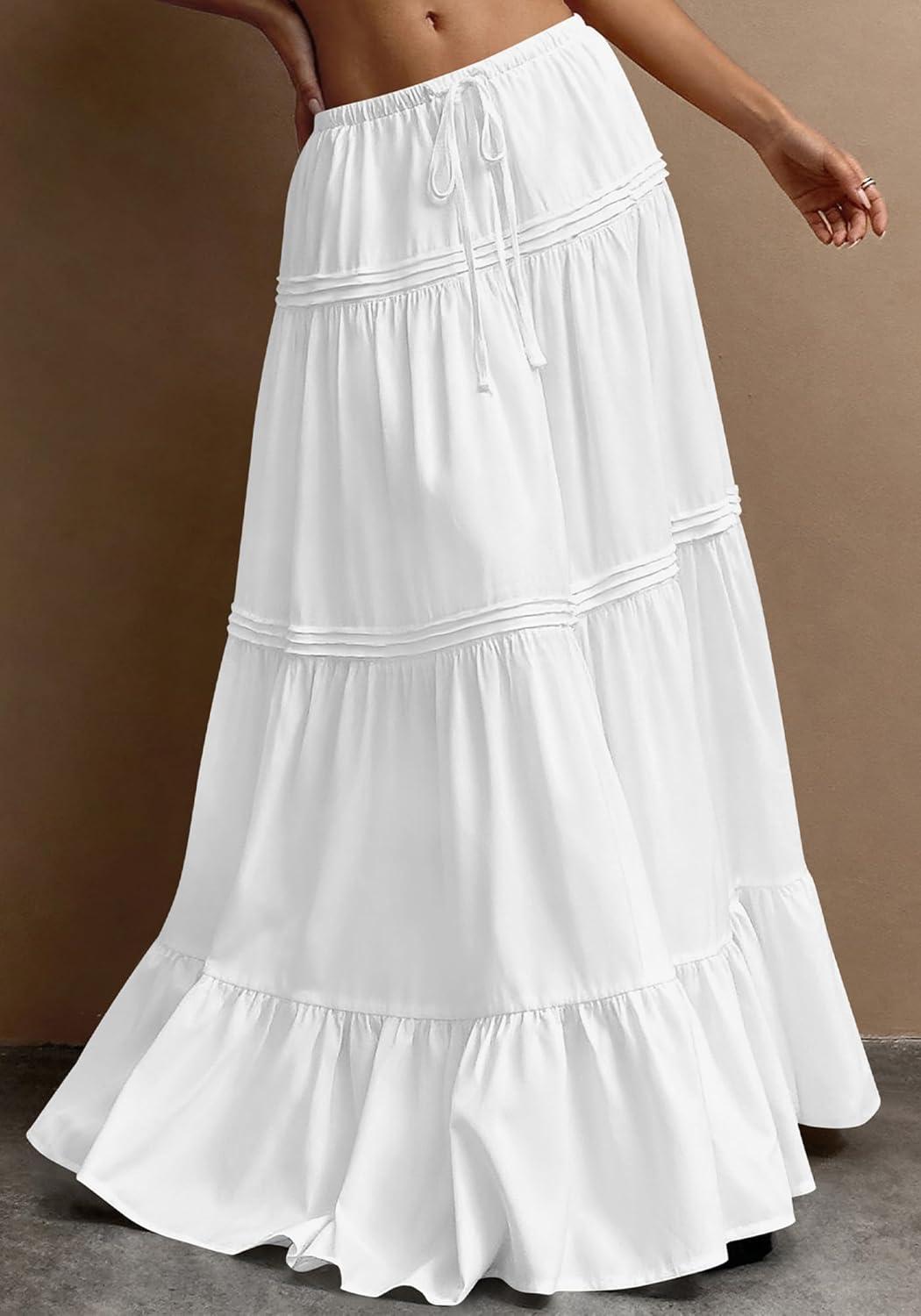 imageBTFBM Skirts for Women 2026 Summer Boho Beach Vacation Clothes Casual Pleated High Waisted Flowy Maxi SkirtWhite