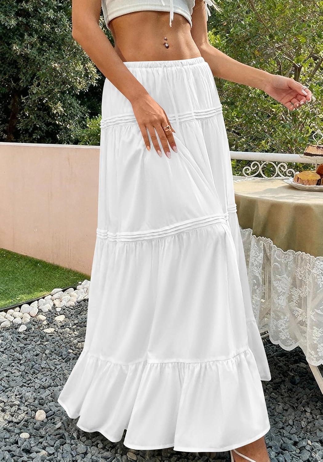 imageBTFBM Skirts for Women 2026 Summer Boho Beach Vacation Clothes Casual Pleated High Waisted Flowy Maxi SkirtWhite
