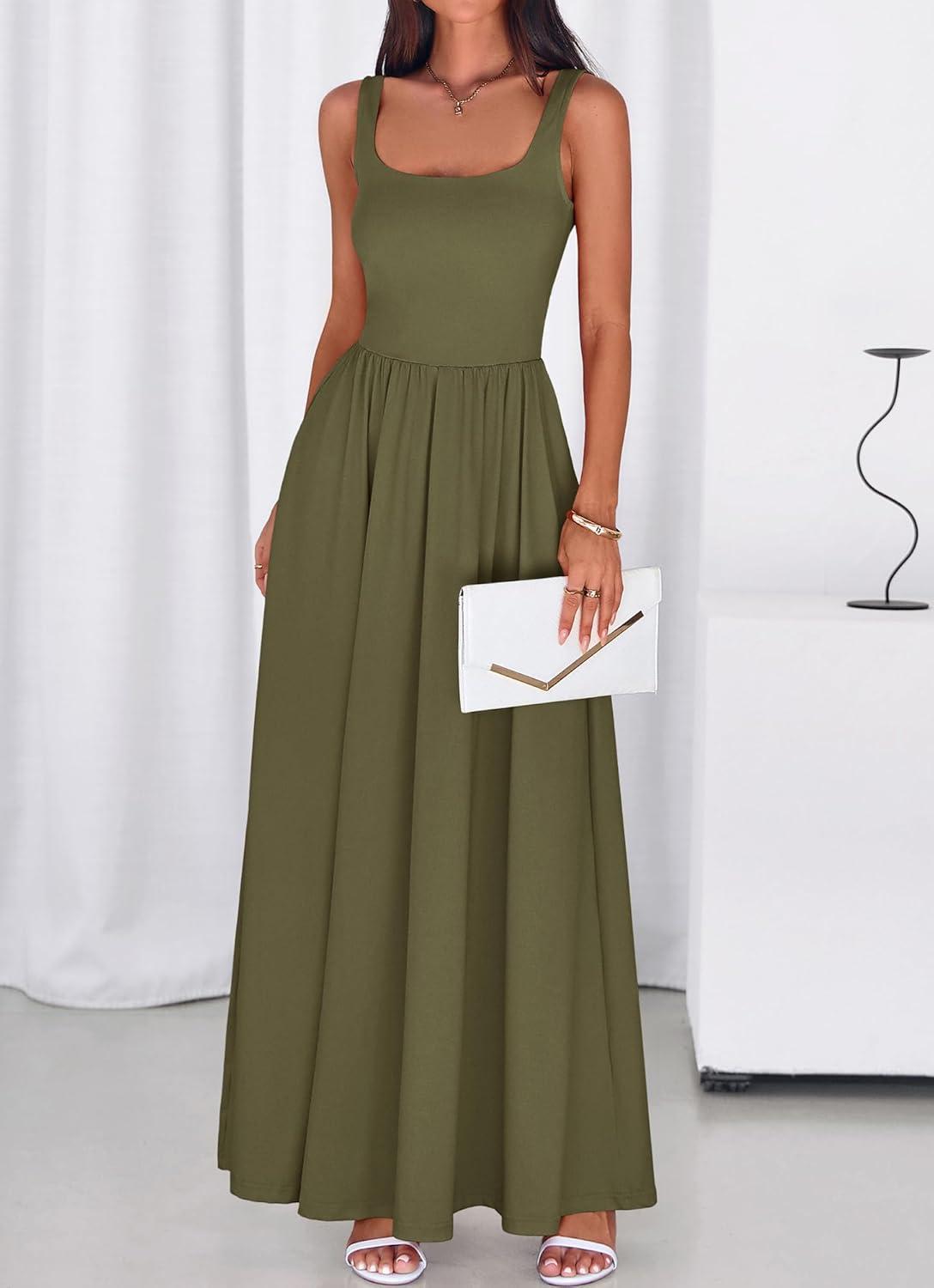 imageBTFBM Summer Dresses for Women 2026 Maxi Casual Square Neck Flowy Long Sundress Spring Wedding Guest Cocktail DressArmy Green
