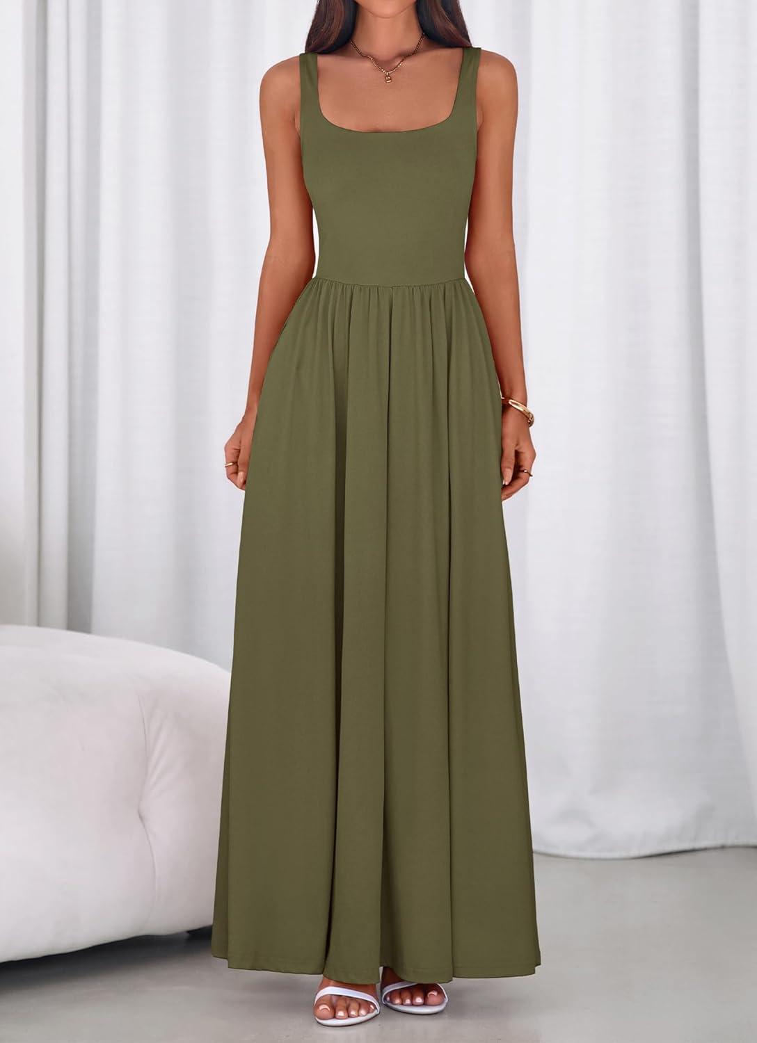 imageBTFBM Summer Dresses for Women 2026 Maxi Casual Square Neck Flowy Long Sundress Spring Wedding Guest Cocktail DressArmy Green