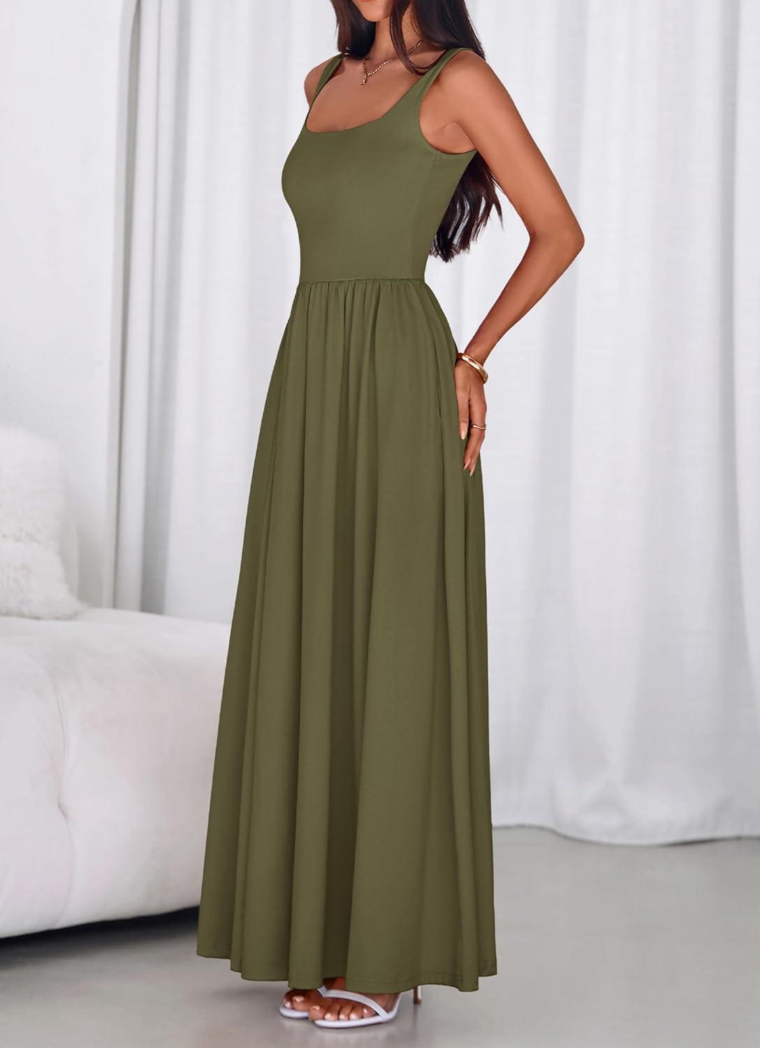 imageBTFBM Summer Dresses for Women 2026 Maxi Casual Square Neck Flowy Long Sundress Spring Wedding Guest Cocktail DressArmy Green