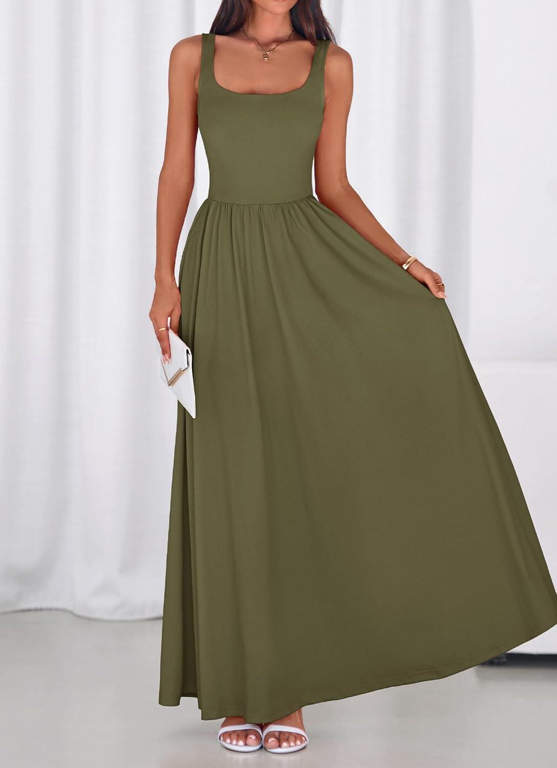 imageBTFBM Summer Dresses for Women 2026 Maxi Casual Square Neck Flowy Long Sundress Spring Wedding Guest Cocktail DressArmy Green