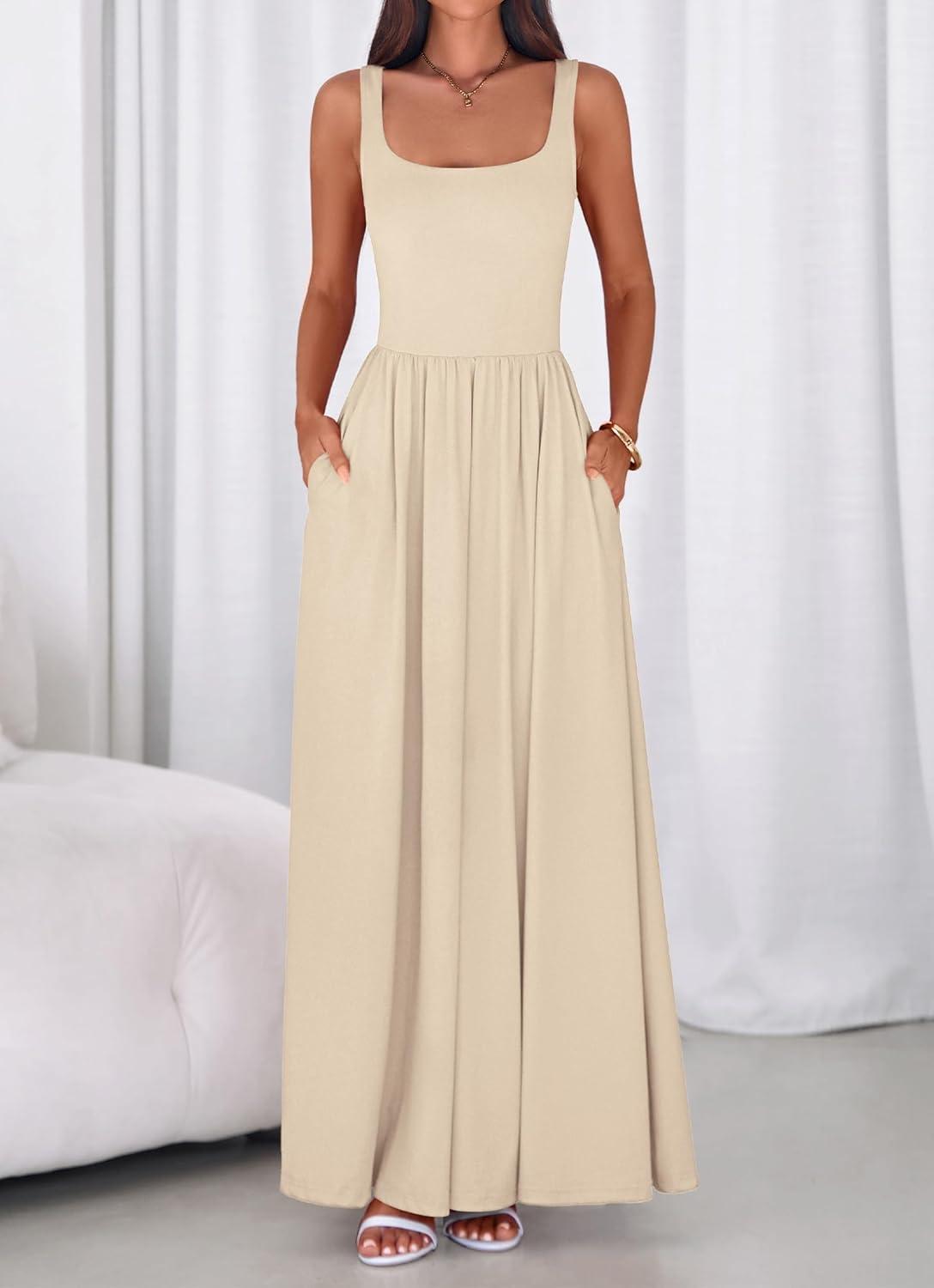 imageBTFBM Summer Dresses for Women 2026 Maxi Casual Square Neck Flowy Long Sundress Spring Wedding Guest Cocktail DressBeige