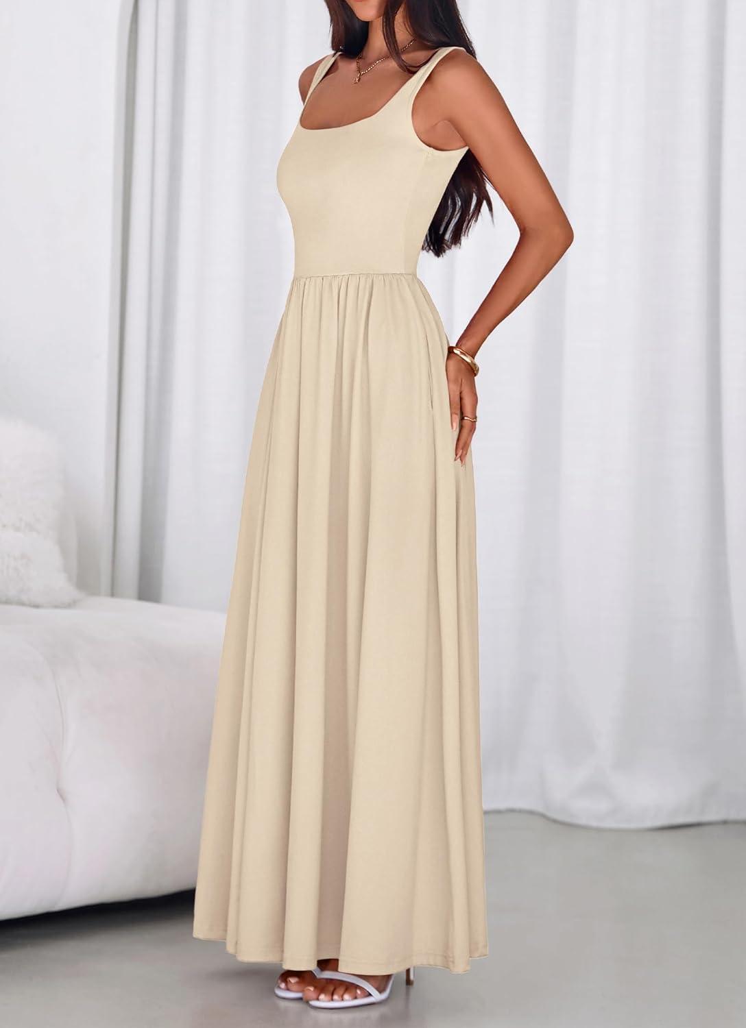 imageBTFBM Summer Dresses for Women 2026 Maxi Casual Square Neck Flowy Long Sundress Spring Wedding Guest Cocktail DressBeige