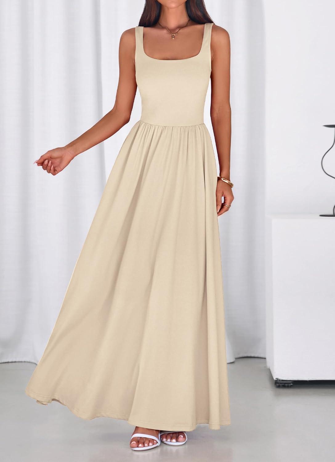 imageBTFBM Summer Dresses for Women 2026 Maxi Casual Square Neck Flowy Long Sundress Spring Wedding Guest Cocktail DressBeige