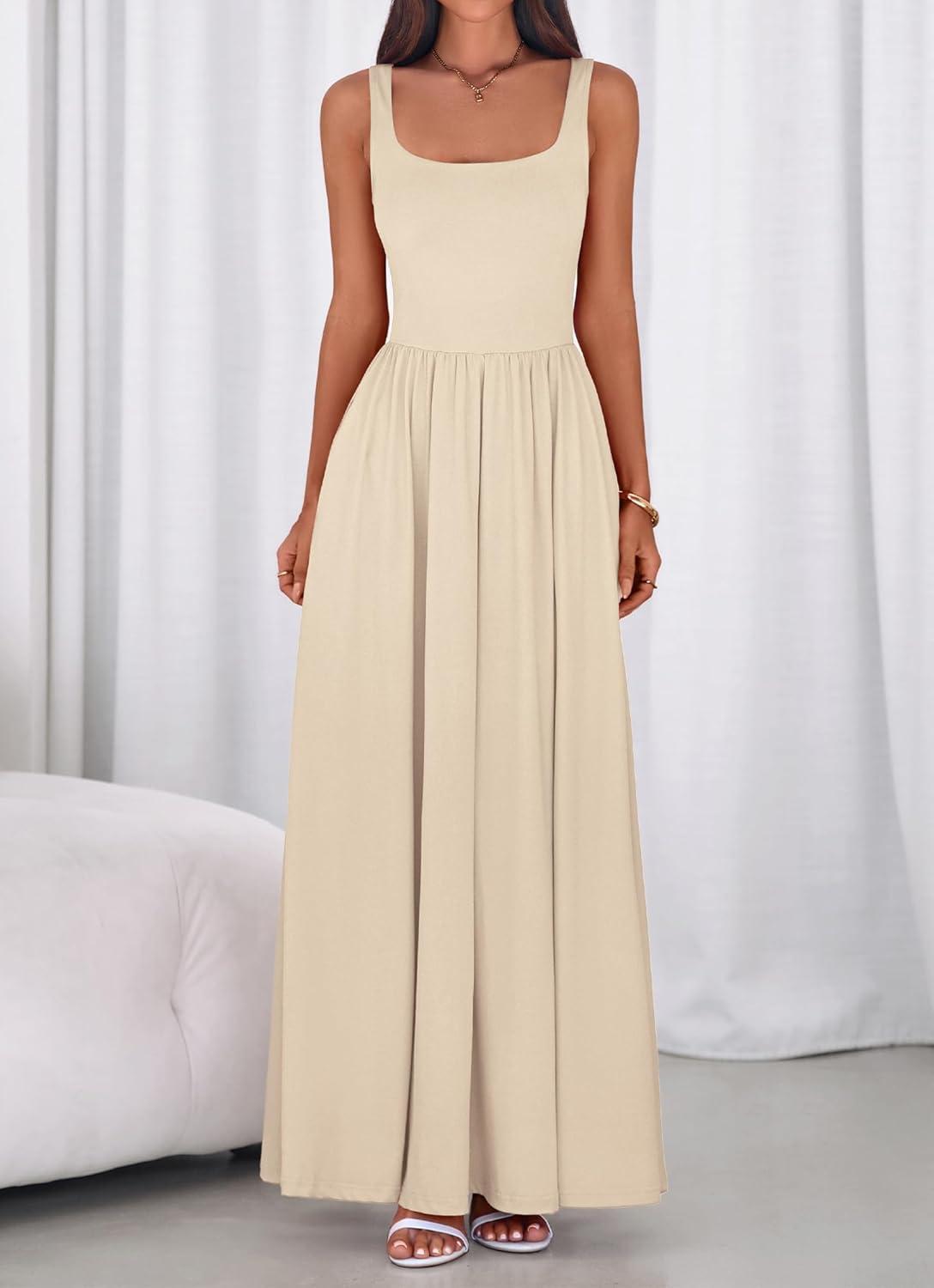 imageBTFBM Summer Dresses for Women 2026 Maxi Casual Square Neck Flowy Long Sundress Spring Wedding Guest Cocktail DressBeige