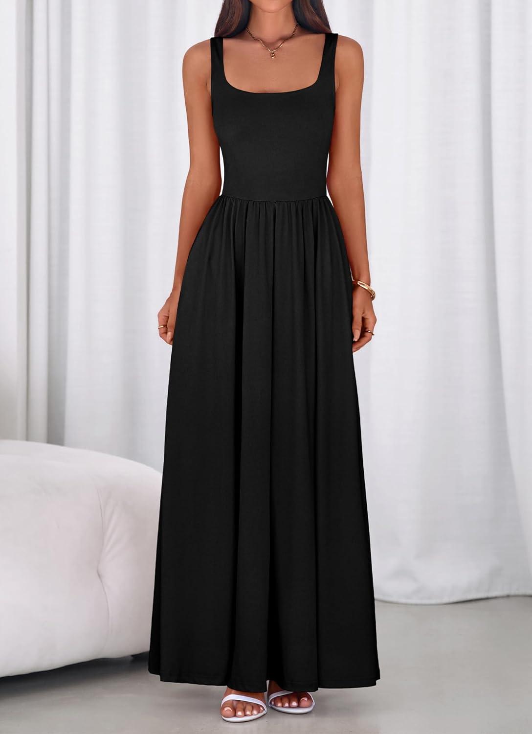 imageBTFBM Summer Dresses for Women 2026 Maxi Casual Square Neck Flowy Long Sundress Spring Wedding Guest Cocktail DressBlack