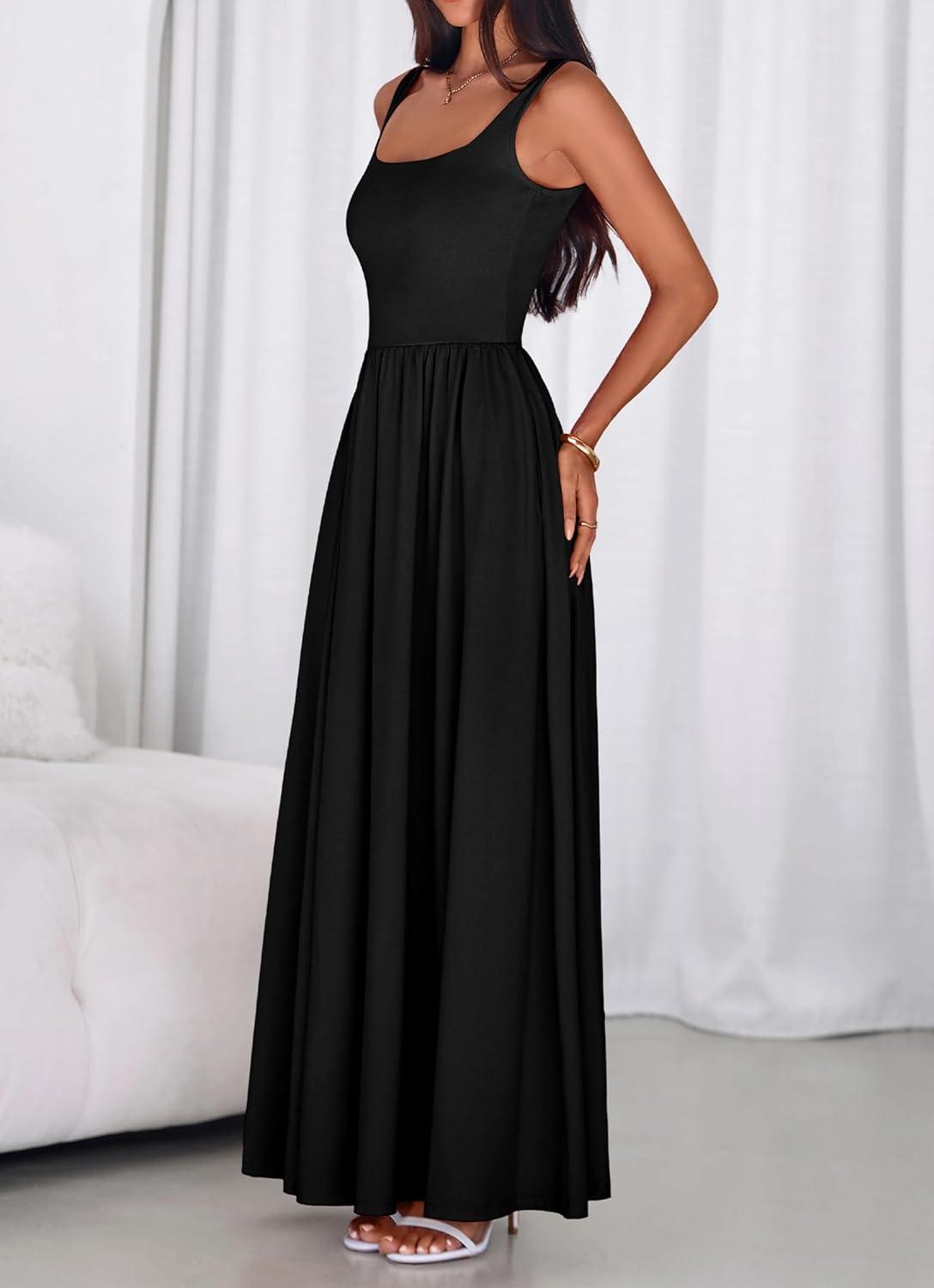 imageBTFBM Summer Dresses for Women 2026 Maxi Casual Square Neck Flowy Long Sundress Spring Wedding Guest Cocktail DressBlack