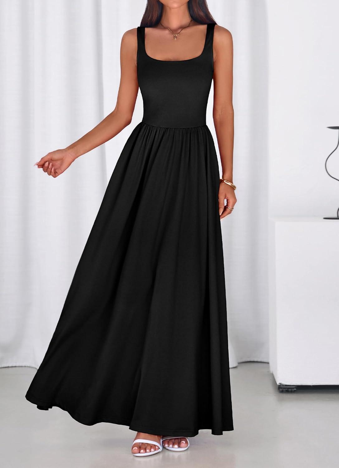imageBTFBM Summer Dresses for Women 2026 Maxi Casual Square Neck Flowy Long Sundress Spring Wedding Guest Cocktail DressBlack