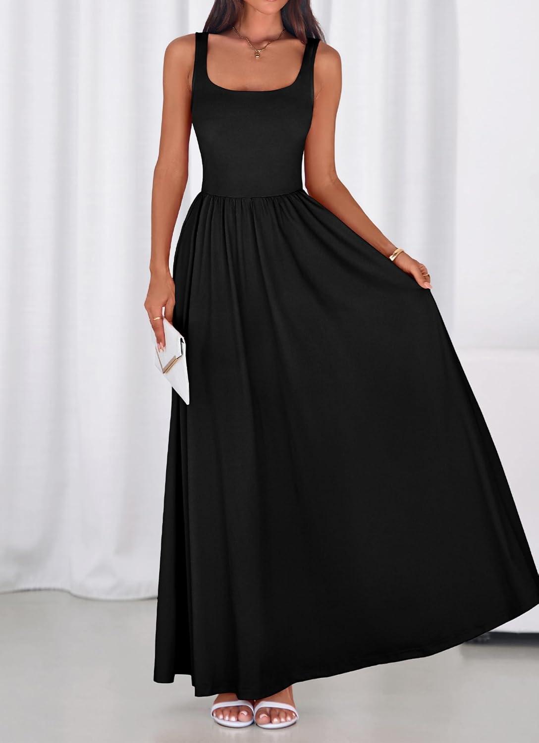 imageBTFBM Summer Dresses for Women 2026 Maxi Casual Square Neck Flowy Long Sundress Spring Wedding Guest Cocktail DressBlack