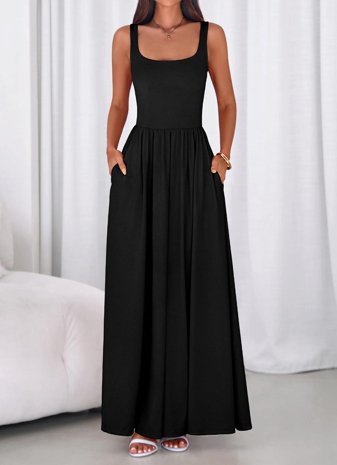 imageBTFBM Summer Dresses for Women 2026 Maxi Casual Square Neck Flowy Long Sundress Spring Wedding Guest Cocktail DressBlack