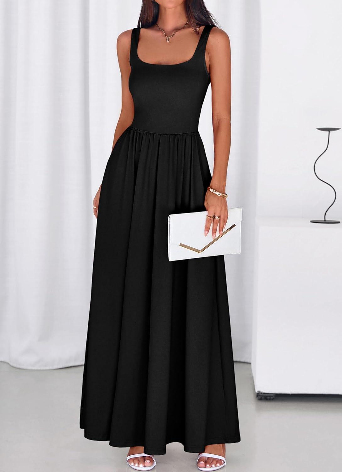 imageBTFBM Summer Dresses for Women 2026 Maxi Casual Square Neck Flowy Long Sundress Spring Wedding Guest Cocktail DressBlack