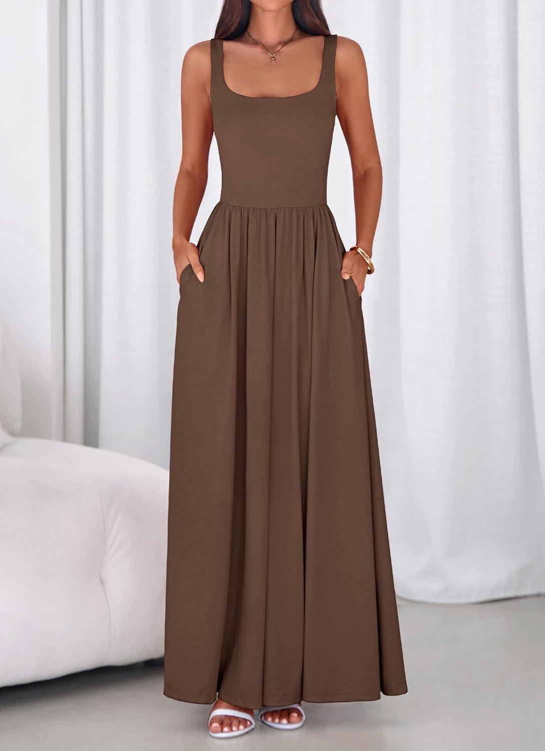 imageBTFBM Summer Dresses for Women 2026 Maxi Casual Square Neck Flowy Long Sundress Spring Wedding Guest Cocktail DressBrown