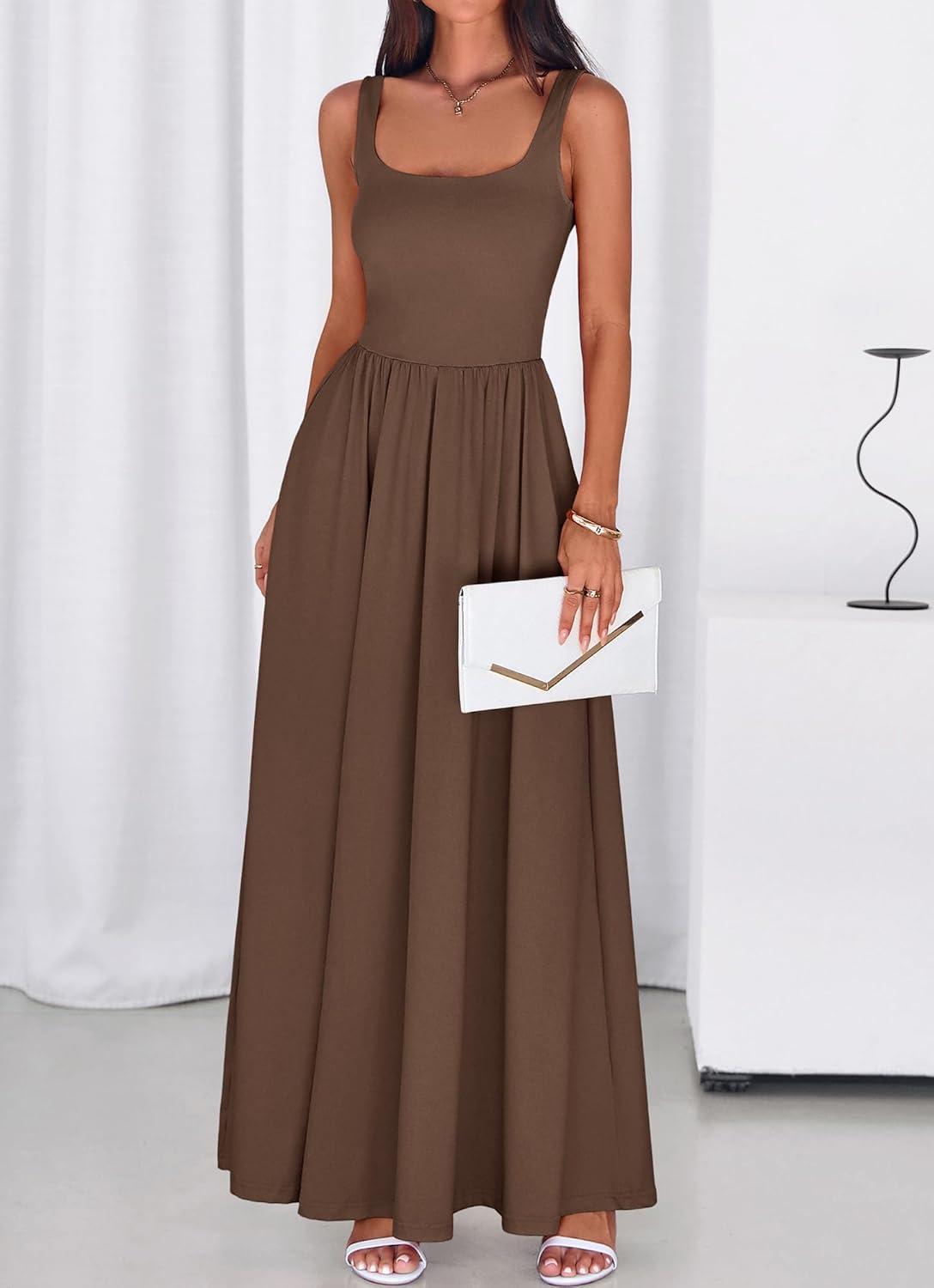 imageBTFBM Summer Dresses for Women 2026 Maxi Casual Square Neck Flowy Long Sundress Spring Wedding Guest Cocktail DressBrown