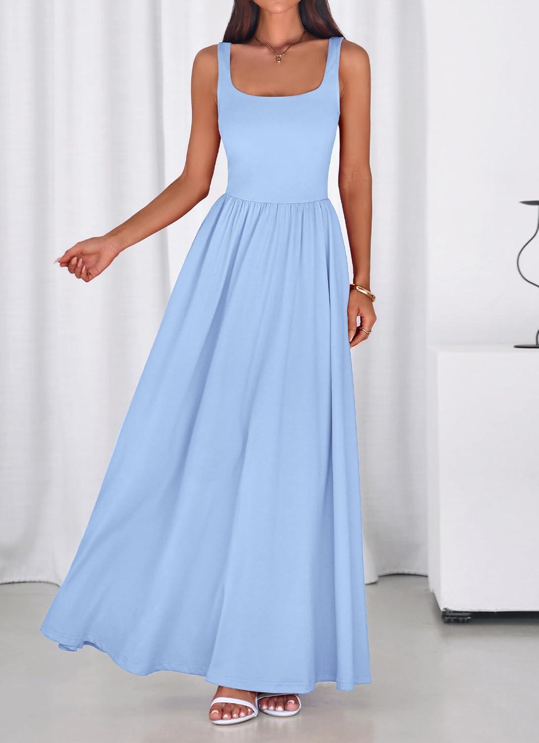 imageBTFBM Summer Dresses for Women 2026 Maxi Casual Square Neck Flowy Long Sundress Spring Wedding Guest Cocktail DressLight Blue