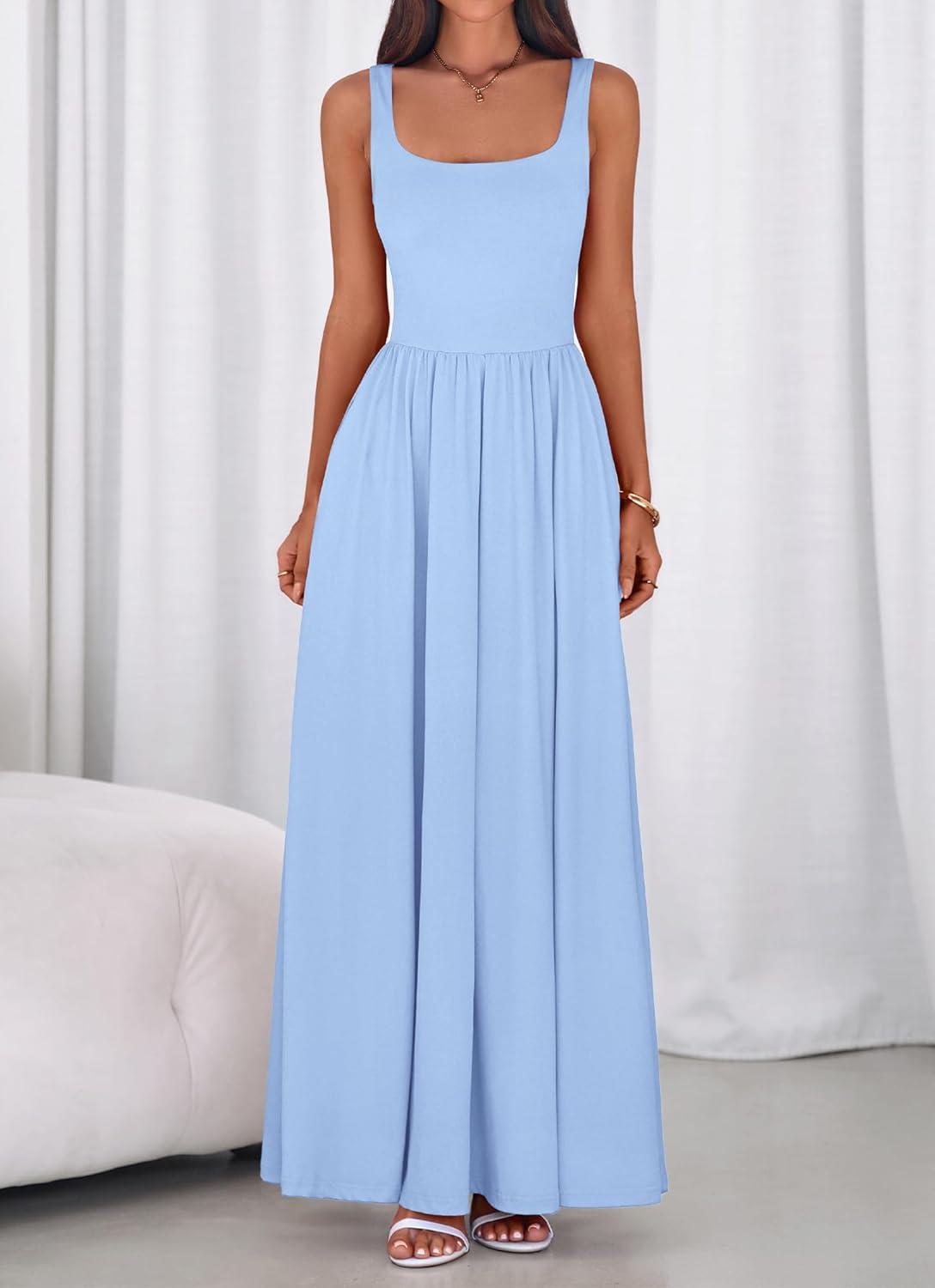 imageBTFBM Summer Dresses for Women 2026 Maxi Casual Square Neck Flowy Long Sundress Spring Wedding Guest Cocktail DressLight Blue