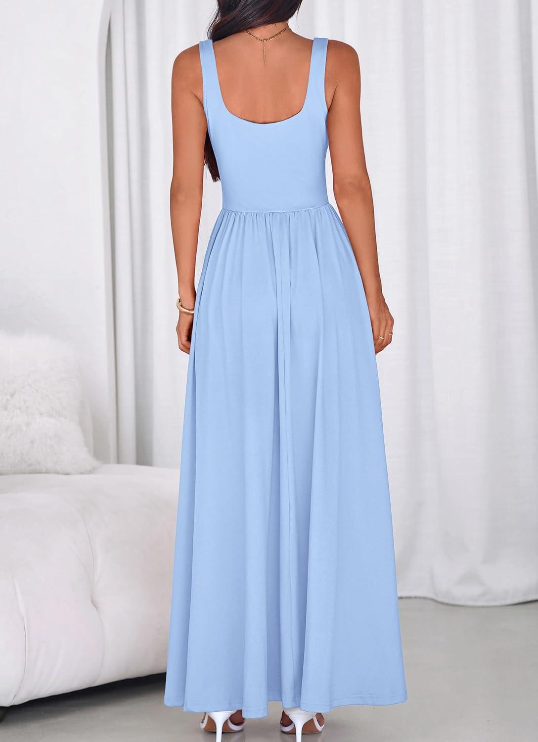 imageBTFBM Summer Dresses for Women 2026 Maxi Casual Square Neck Flowy Long Sundress Spring Wedding Guest Cocktail DressLight Blue