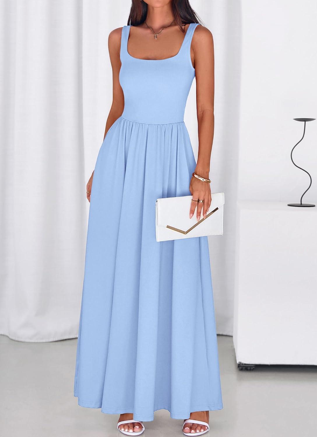 imageBTFBM Summer Dresses for Women 2026 Maxi Casual Square Neck Flowy Long Sundress Spring Wedding Guest Cocktail DressLight Blue