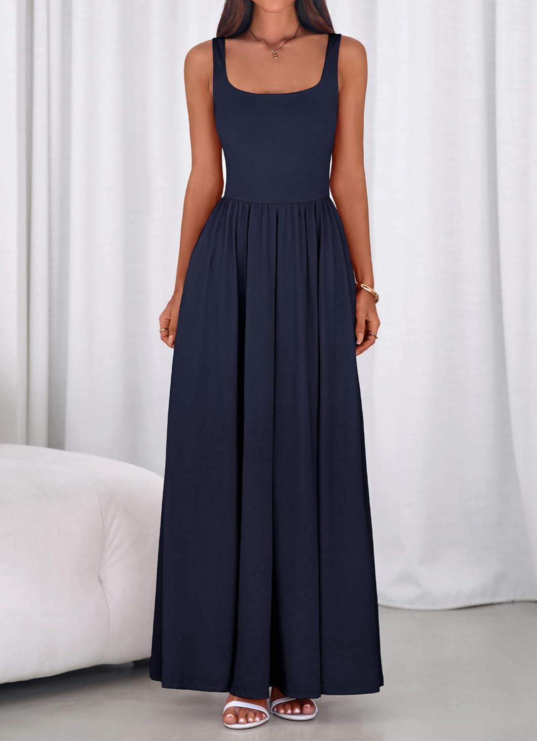 imageBTFBM Summer Dresses for Women 2026 Maxi Casual Square Neck Flowy Long Sundress Spring Wedding Guest Cocktail DressNavy Blue